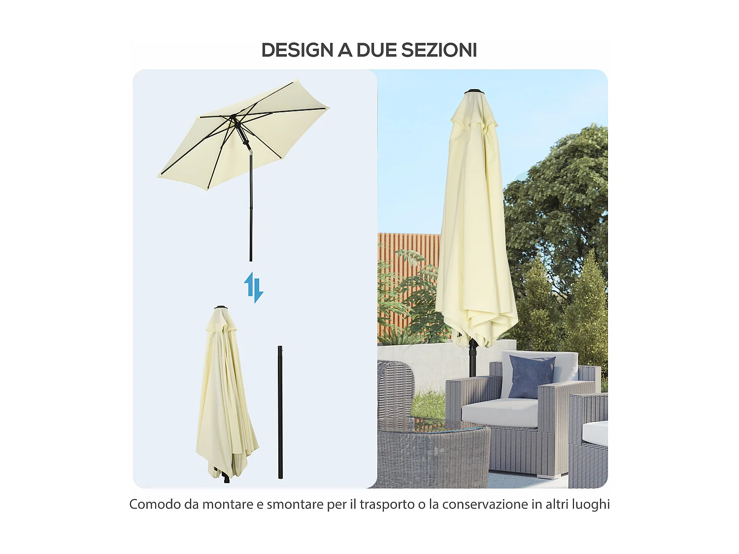 Ombrellone da giardino a 6 stecche tettuccio inclinabile 45°