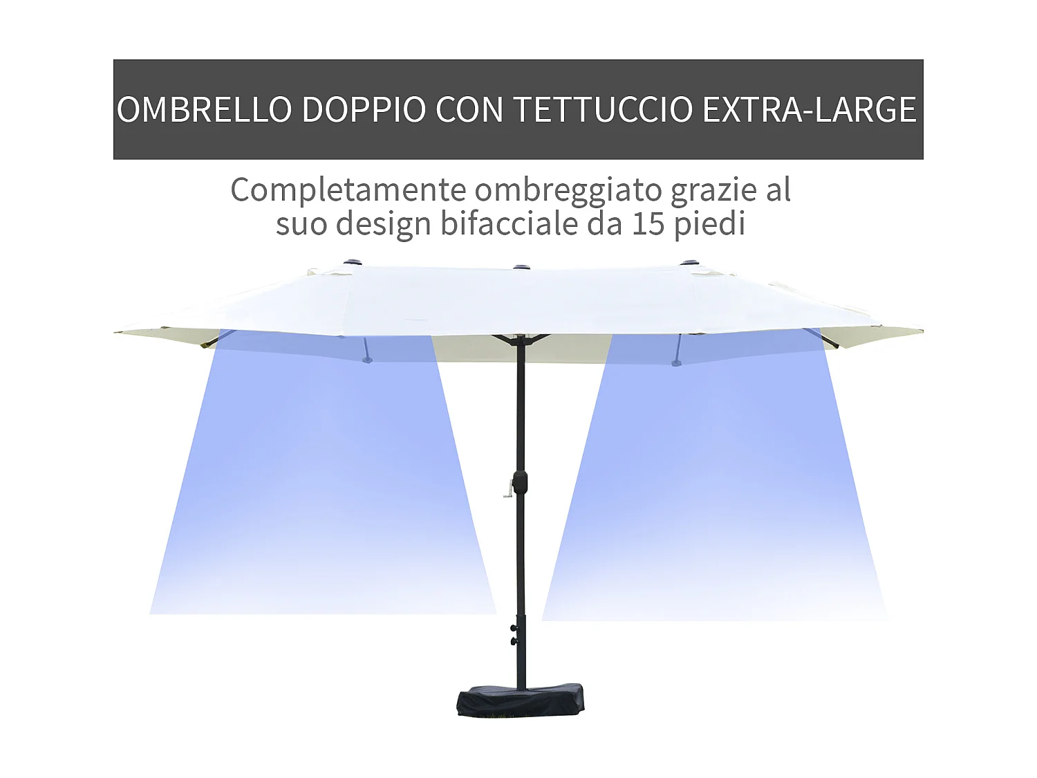 Ombrellone doppio a 12 stecche con manovella 455x265x238 cm beige