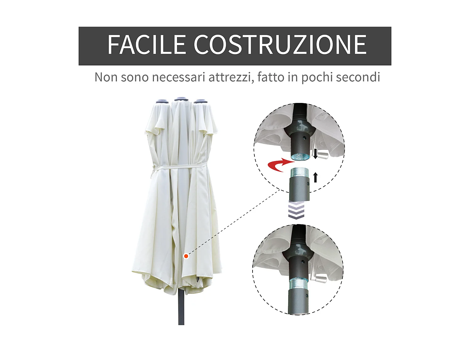 Ombrellone doppio a 12 stecche con manovella 455x265x238 cm beige