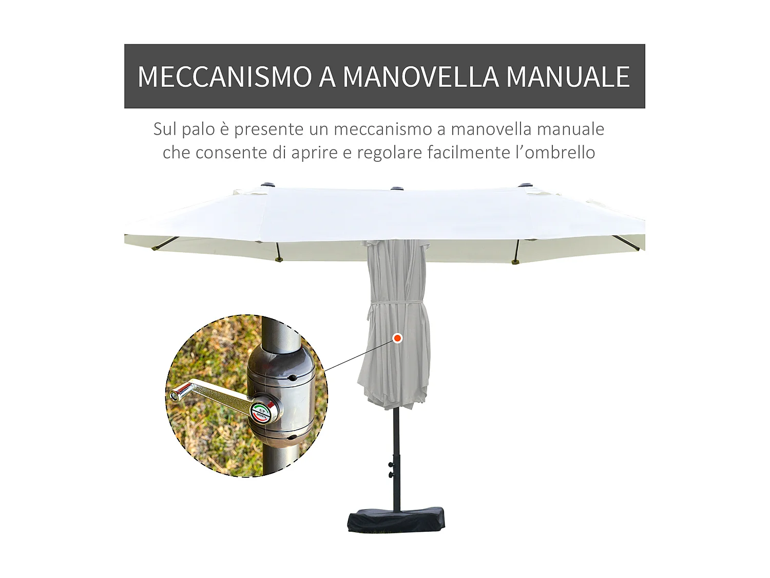 Ombrellone doppio a 12 stecche con manovella 455x265x238 cm beige