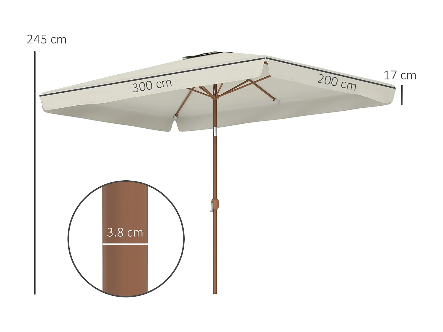 Ombrellone da giardino 2x3 m con apertura a manovella crema