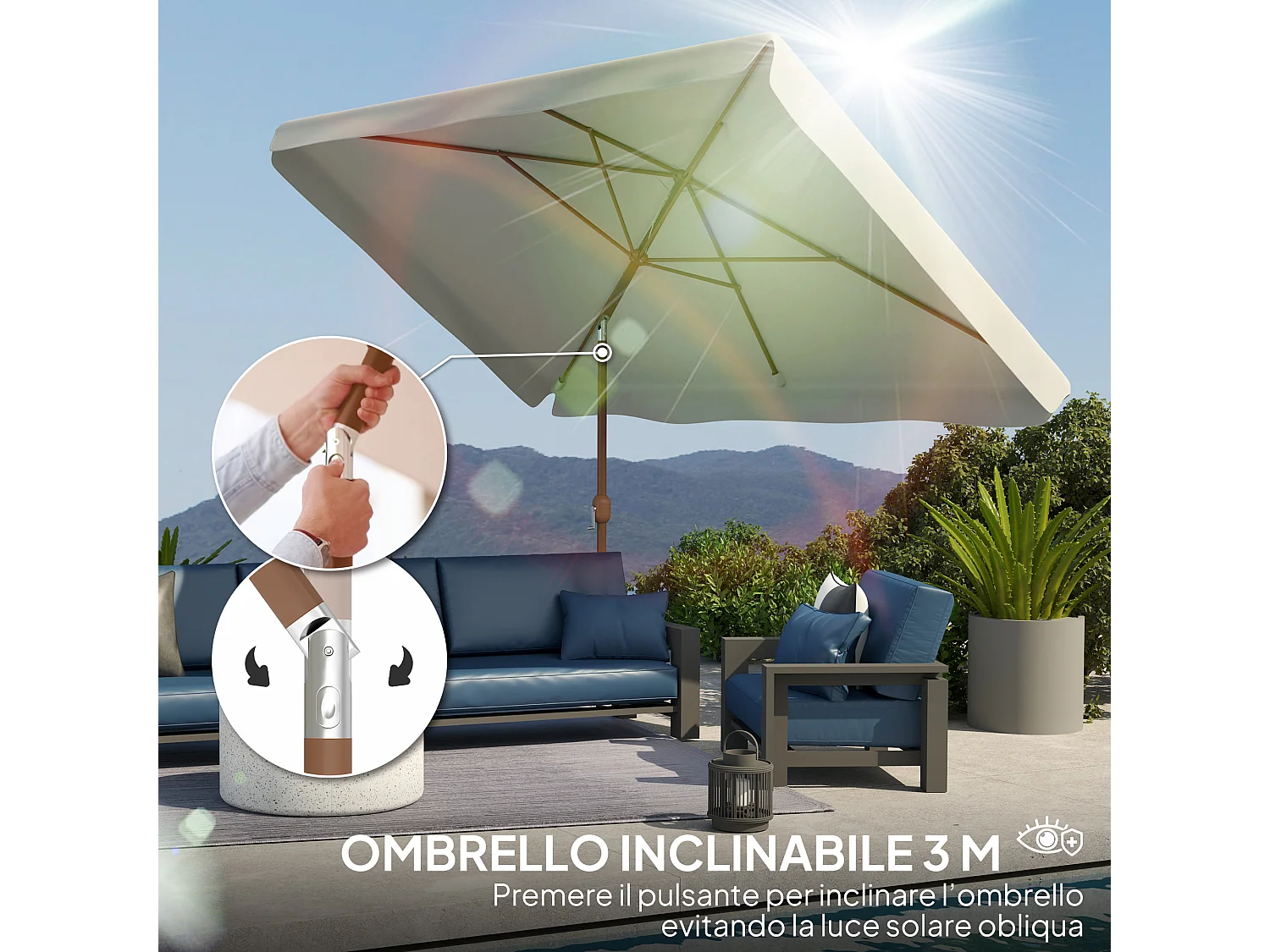 Ombrellone da giardino 2x3 m con apertura a manovella crema