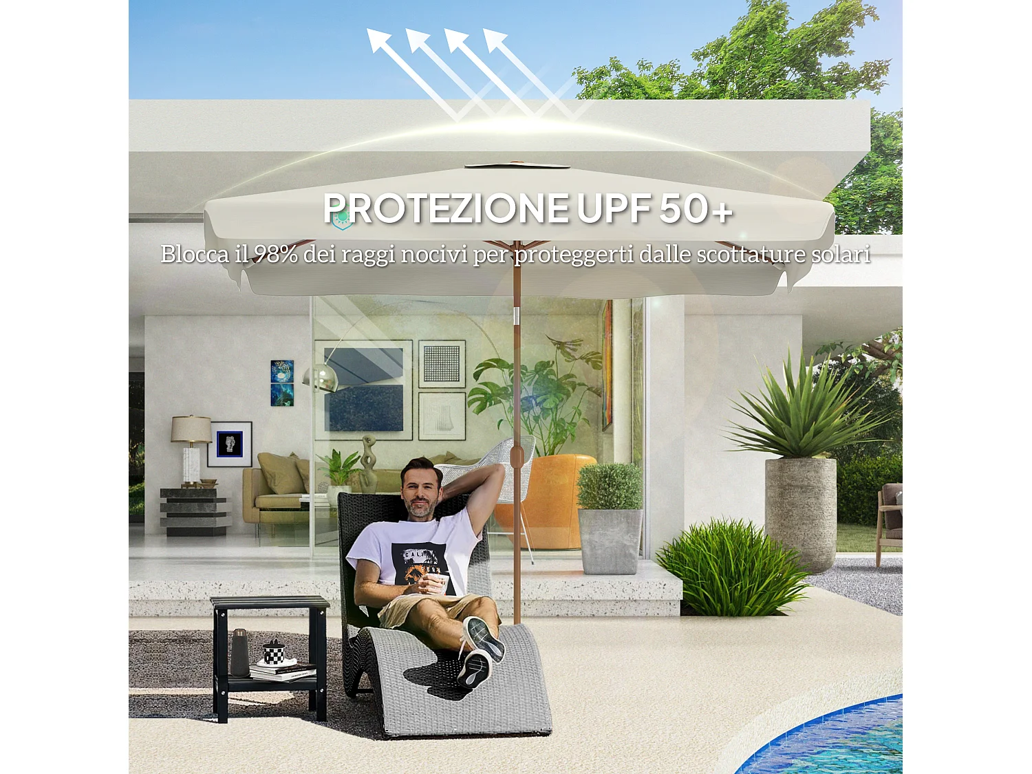 Ombrellone da giardino 2x3 m con apertura a manovella crema