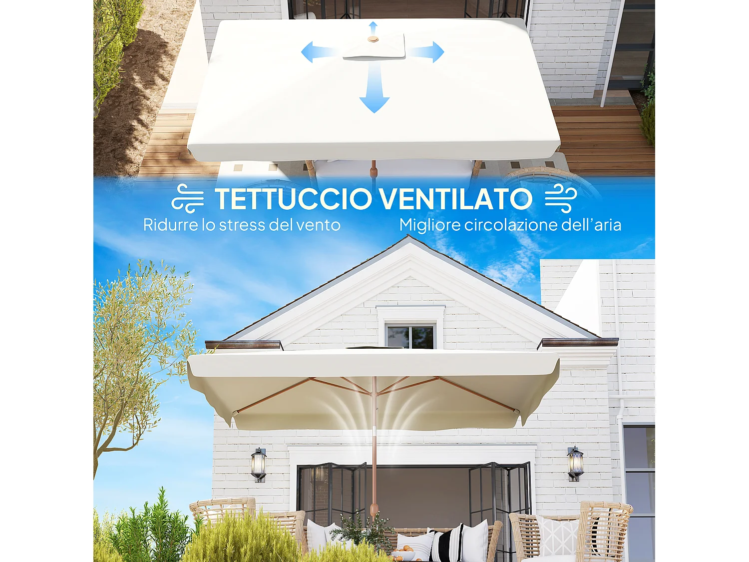 Ombrellone da giardino 2x3 m con apertura a manovella crema