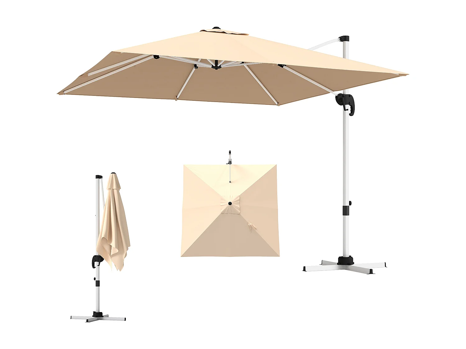 Ombrellone a braccio inclinabile con manovella e base a croce cachi