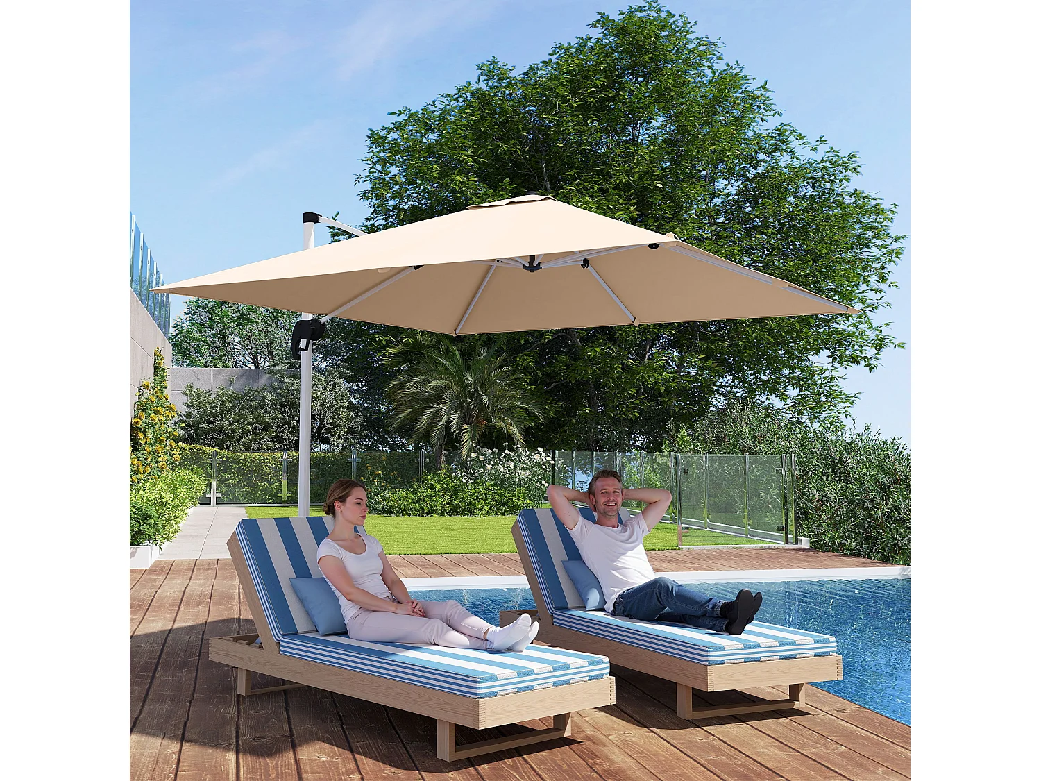 Ombrellone a braccio inclinabile con manovella e base a croce cachi