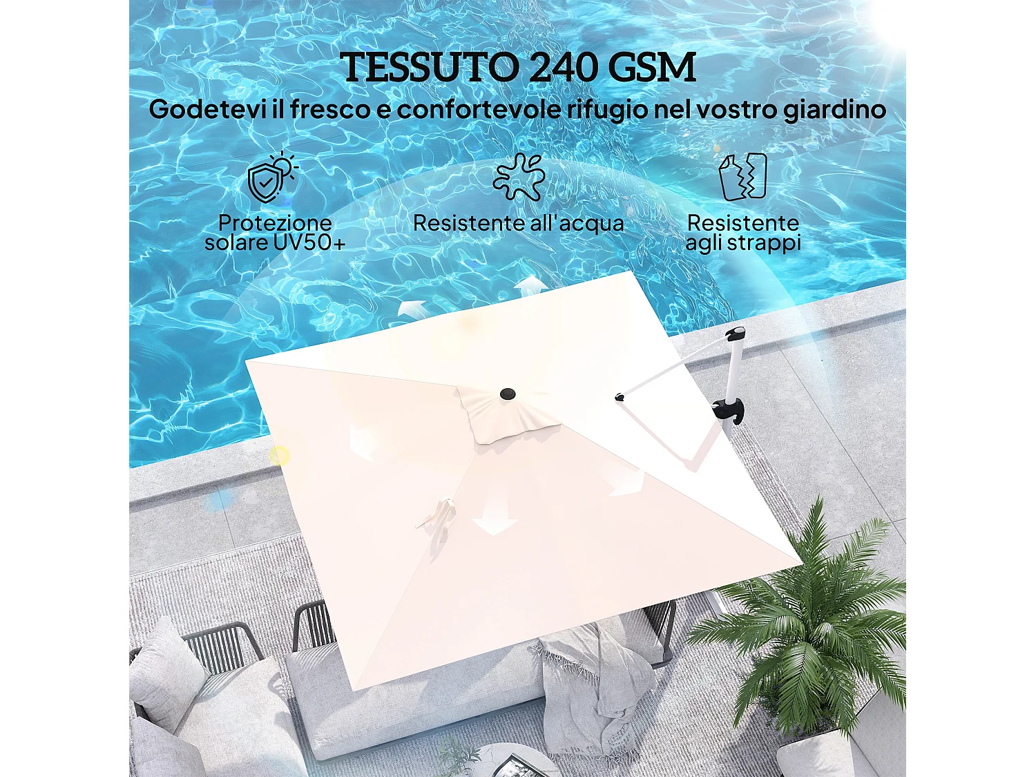 Ombrellone a braccio inclinabile con manovella e base a croce cachi