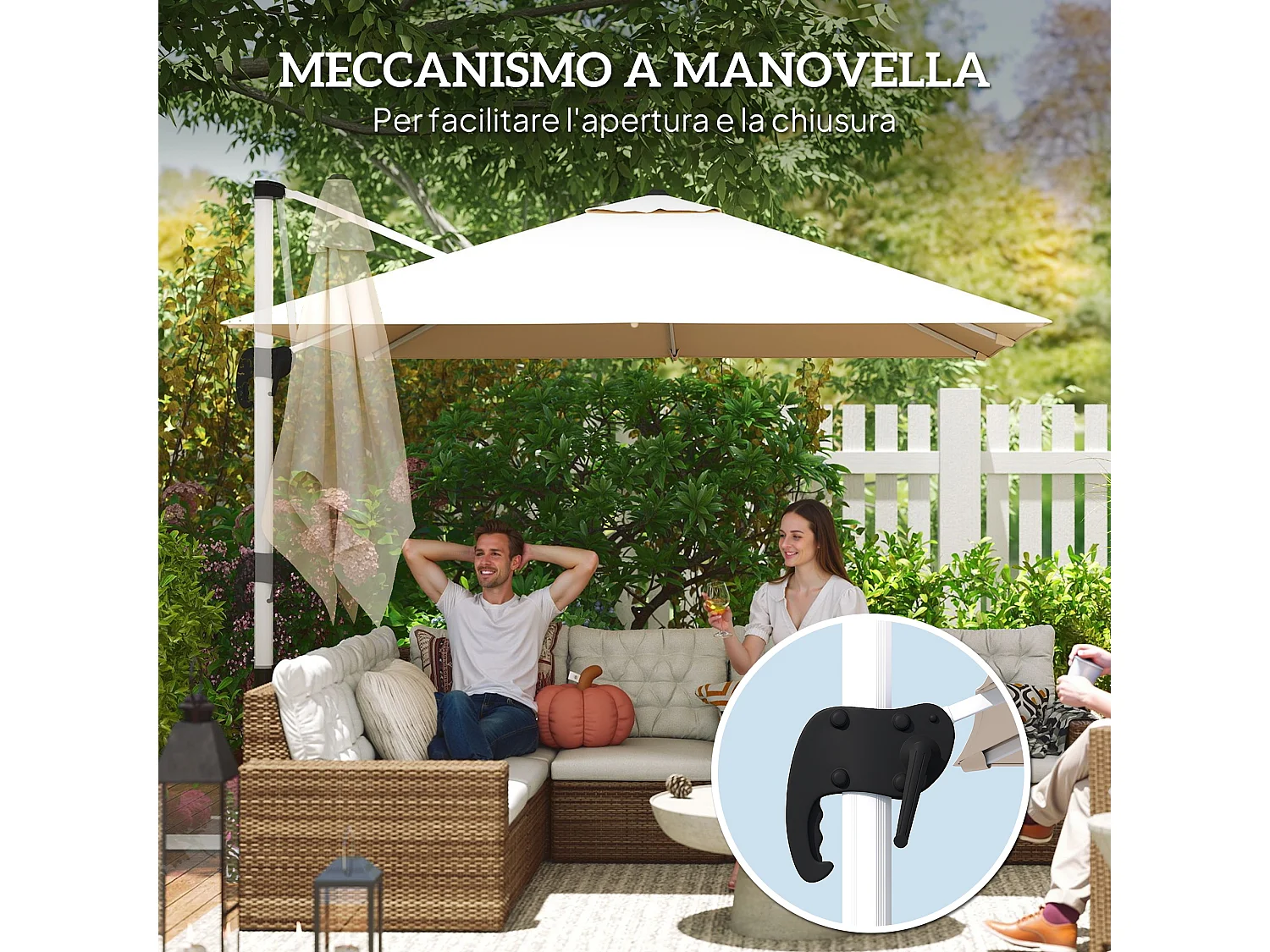 Ombrellone a braccio inclinabile con manovella e base a croce cachi