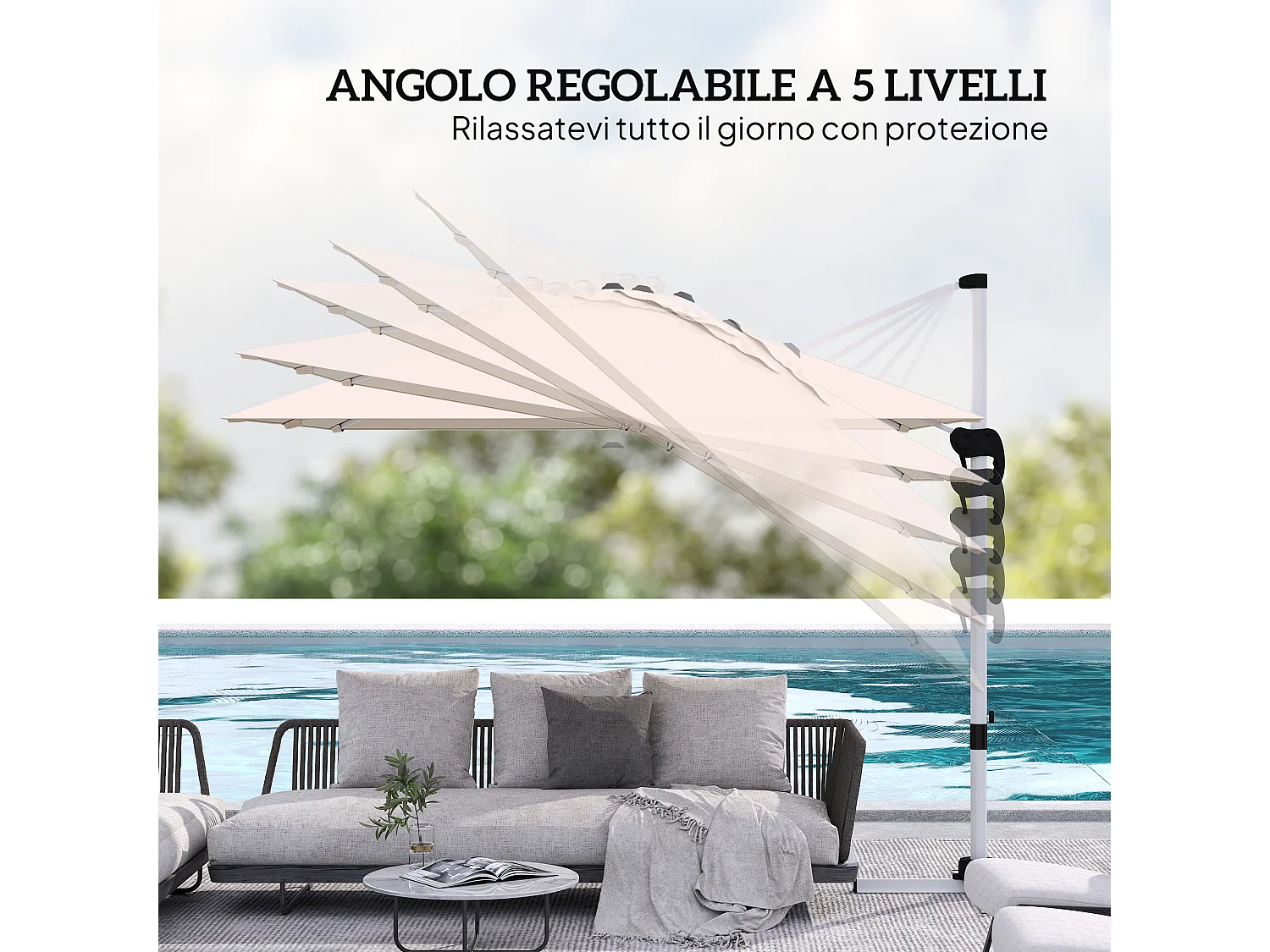 Ombrellone a braccio inclinabile con manovella e base a croce cachi