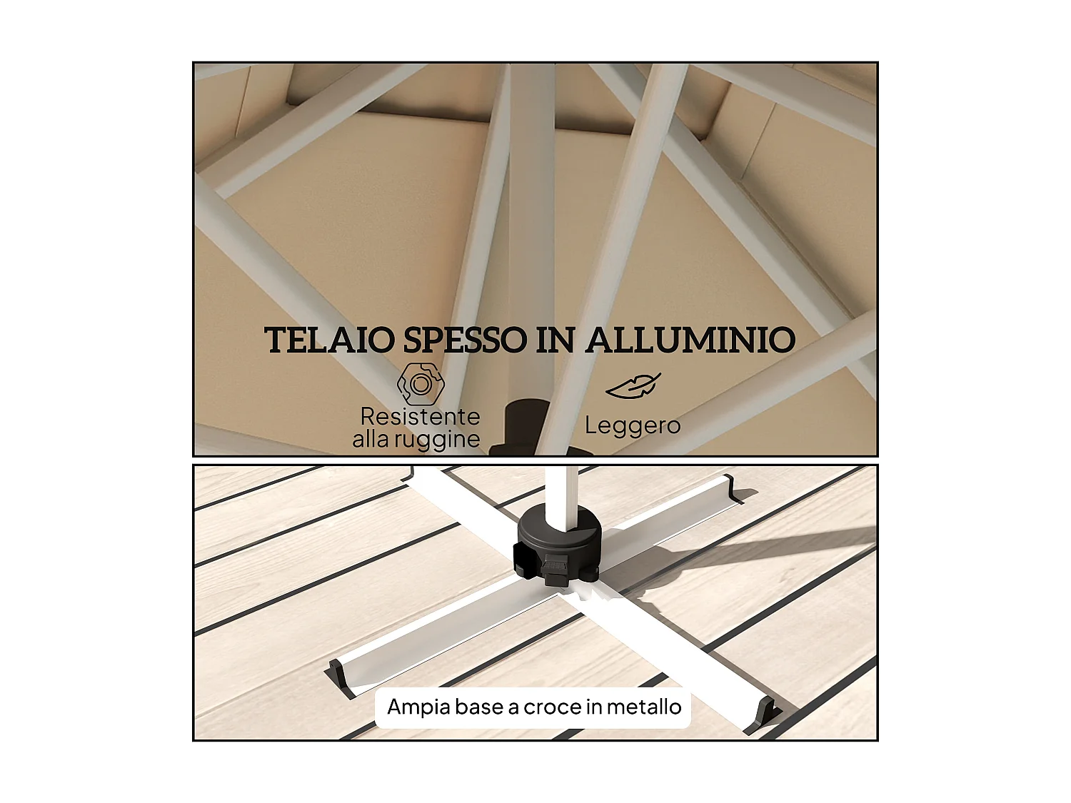 Ombrellone a braccio inclinabile con manovella e base a croce cachi