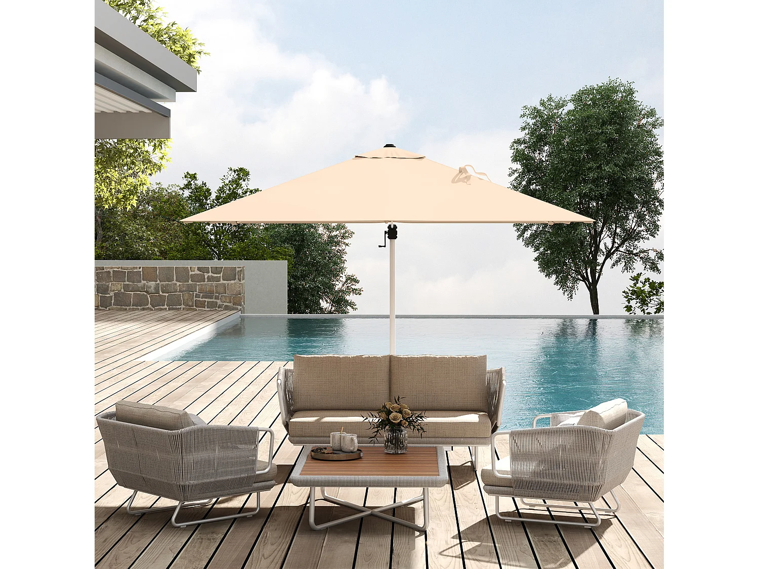 Ombrellone a braccio inclinabile con manovella e base a croce cachi