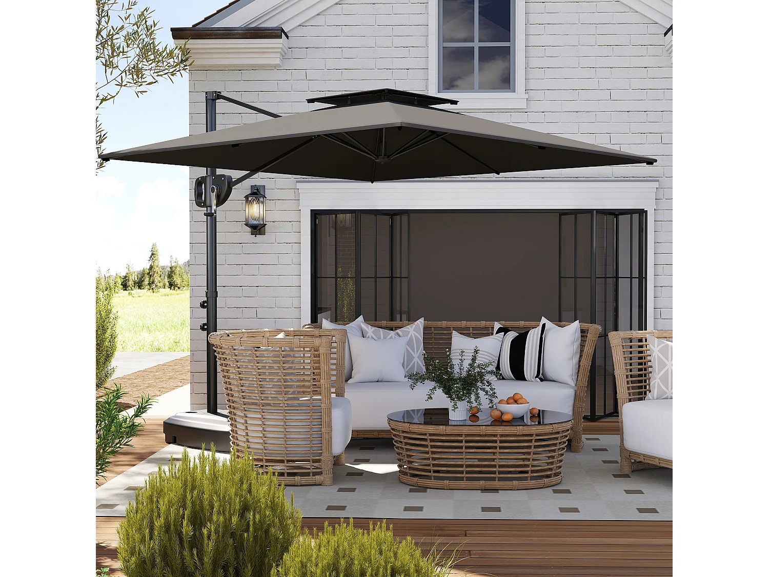 Ombrellone a braccio con base riempibile e manovella grigio scuro