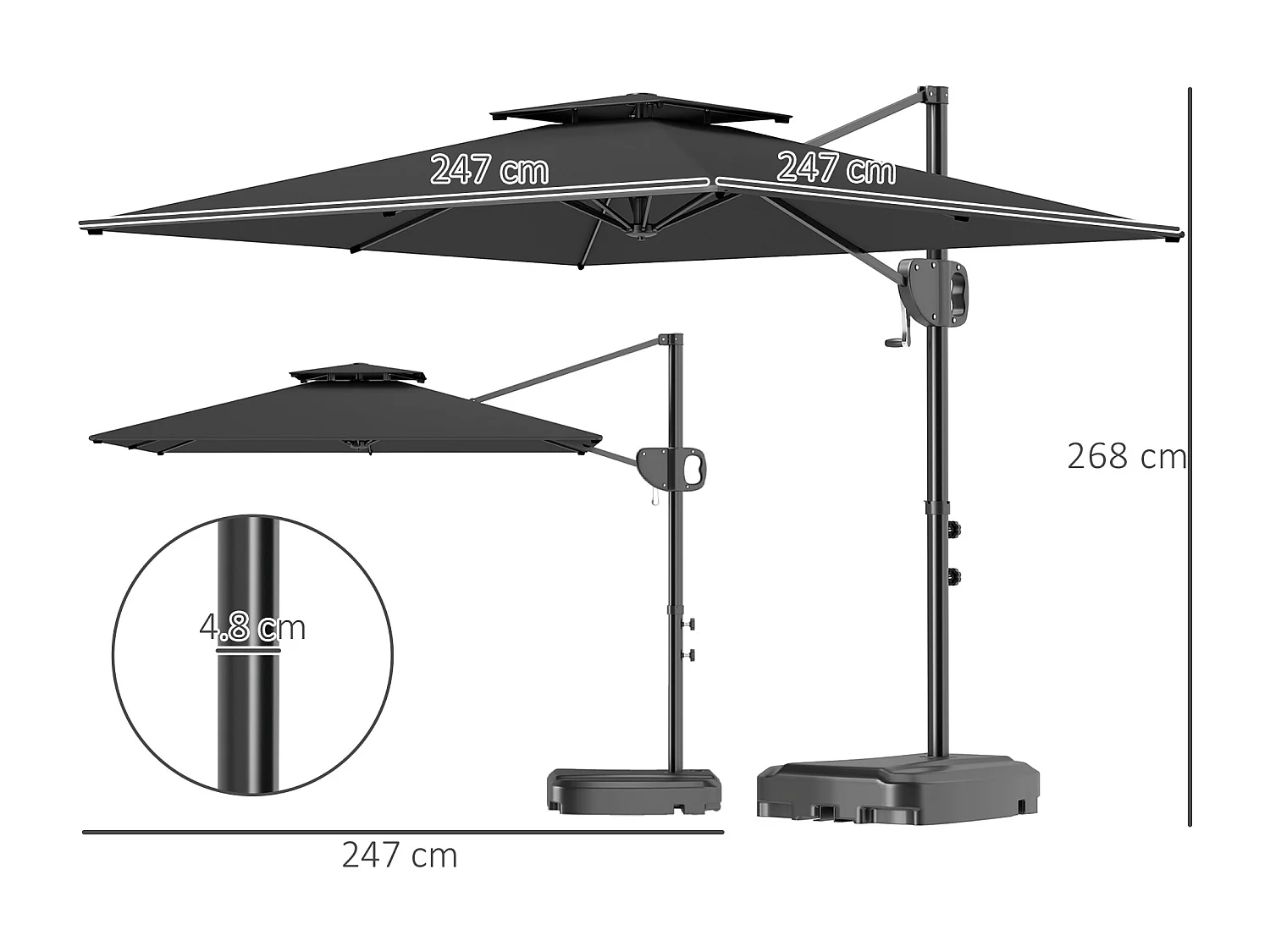 Ombrellone a braccio con base riempibile e manovella grigio scuro