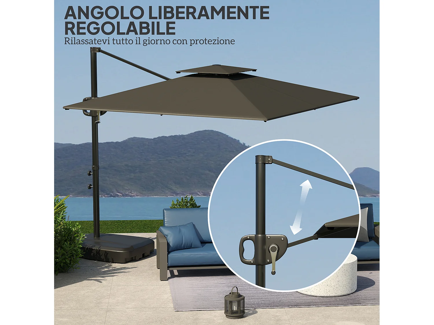 Ombrellone a braccio con base riempibile e manovella grigio scuro