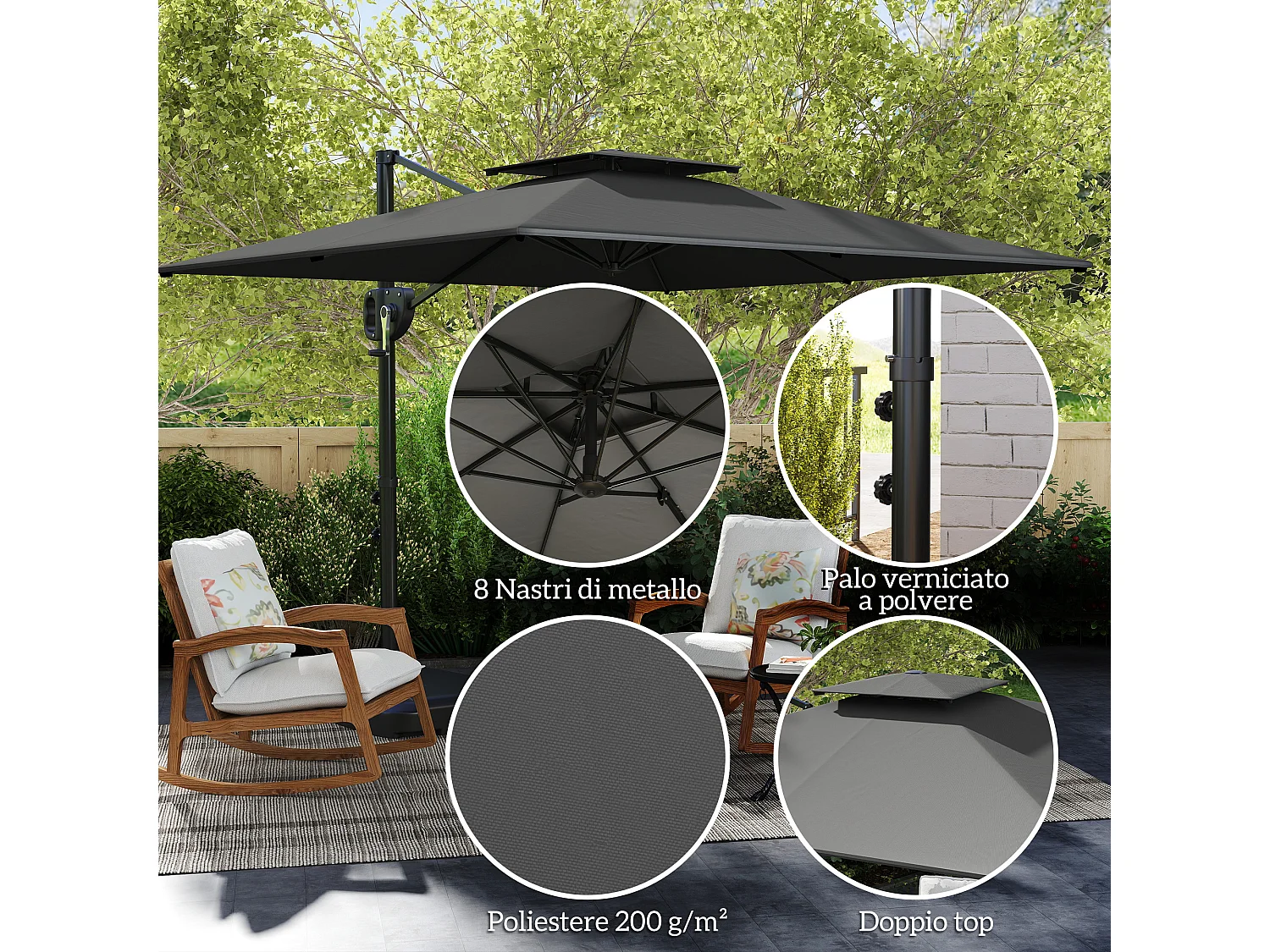 Ombrellone a braccio con base riempibile e manovella grigio scuro