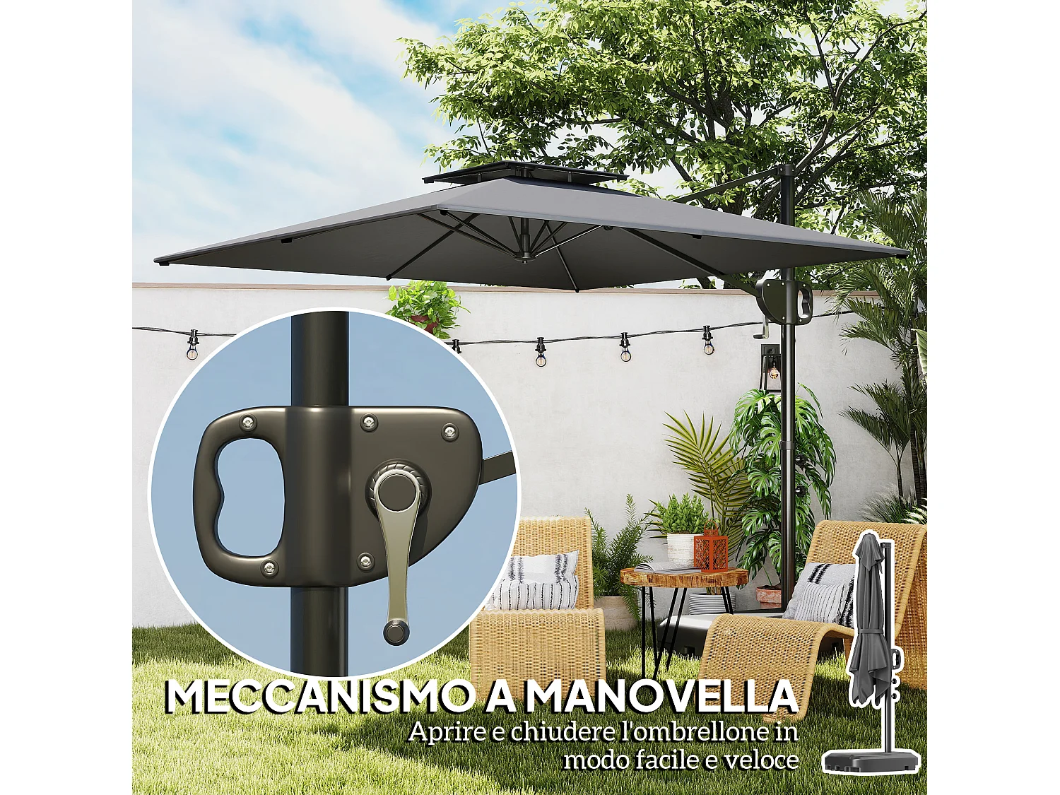 Ombrellone a braccio con base riempibile e manovella grigio scuro