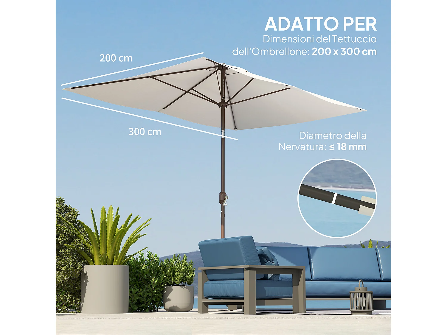 Telo di ricambio per ombrellone 3x2 m e 6 stecche beige