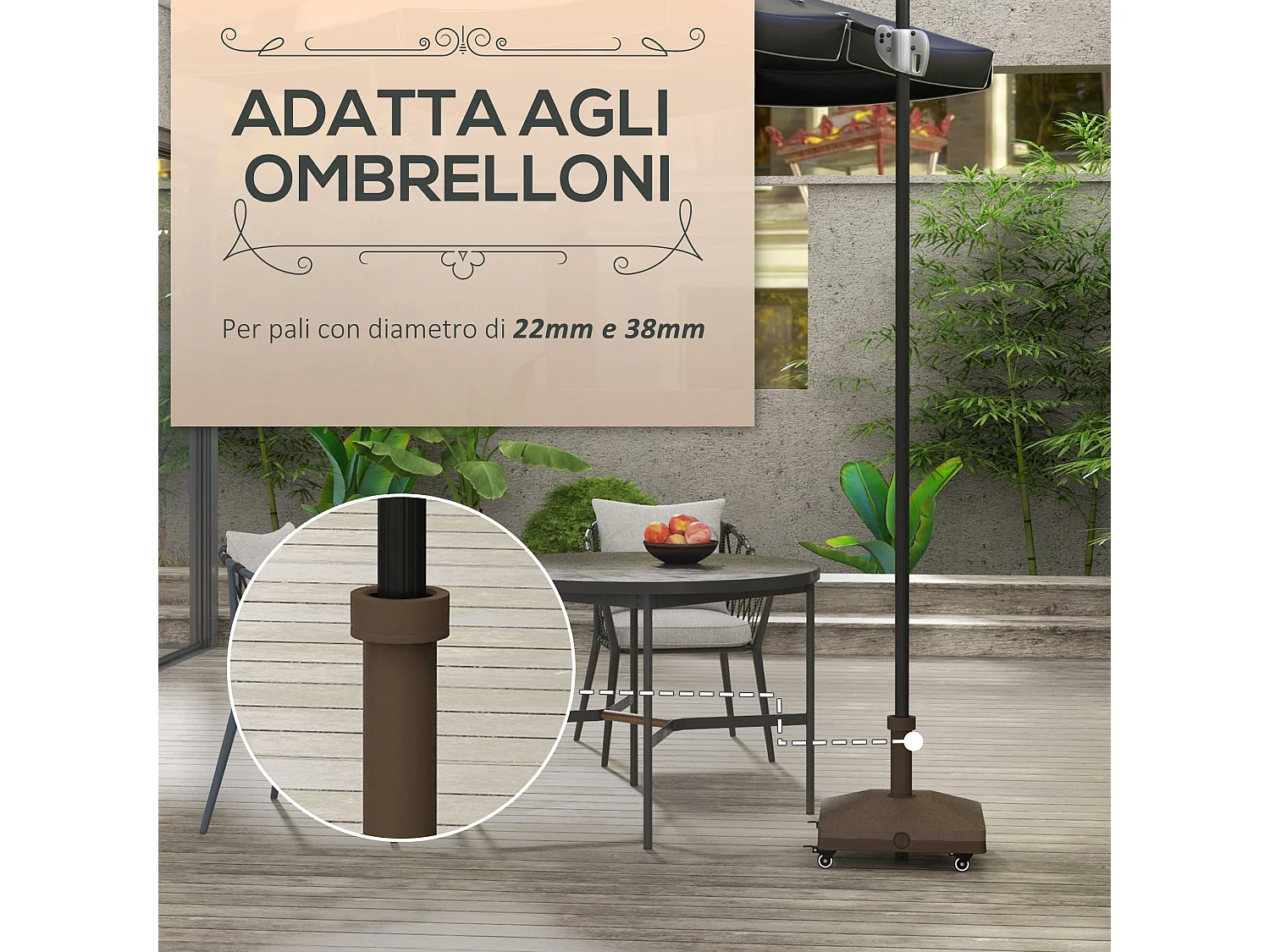 Base per ombrellone riempibile fino a 20 kg con ruote marrone