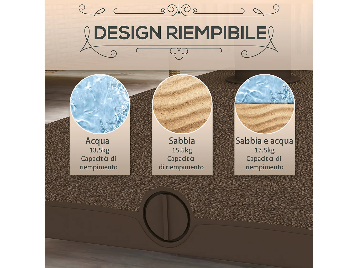 Base per ombrellone riempibile fino a 20 kg con ruote marrone