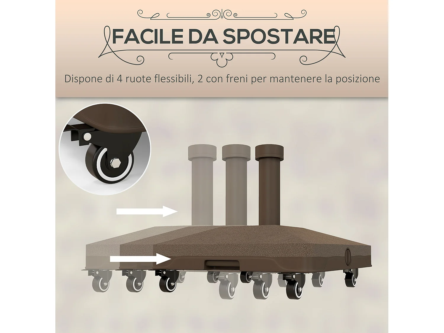 Base per ombrellone riempibile fino a 20 kg con ruote marrone