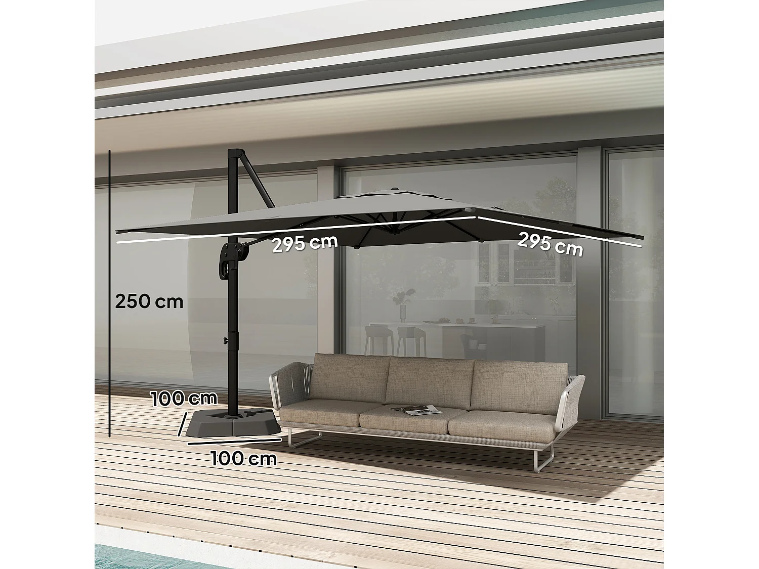 Ombrellone decentrato da giardino 3x3m inclinabile in alluminio grigio