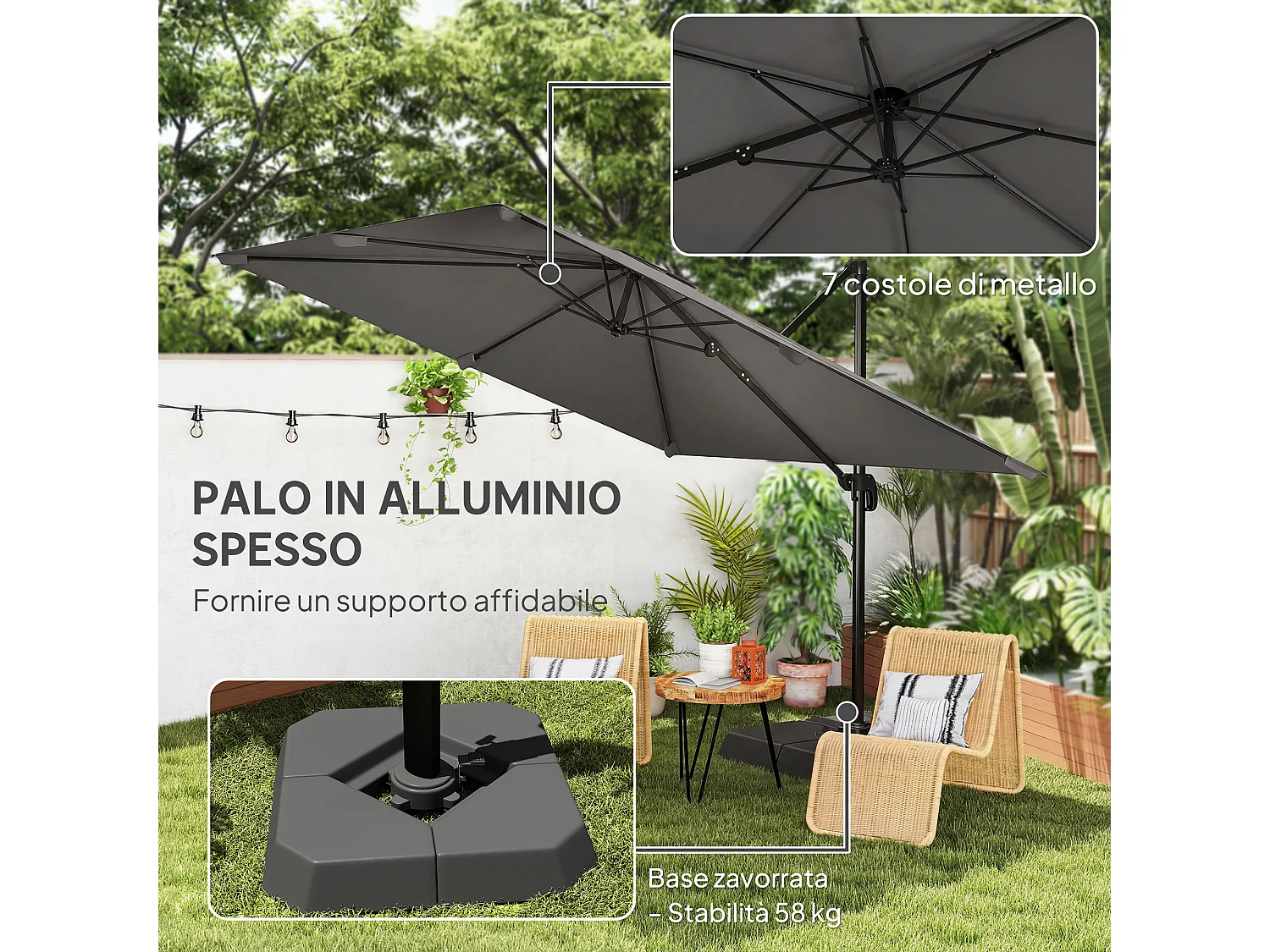 Ombrellone decentrato da giardino 3x3m inclinabile in alluminio grigio