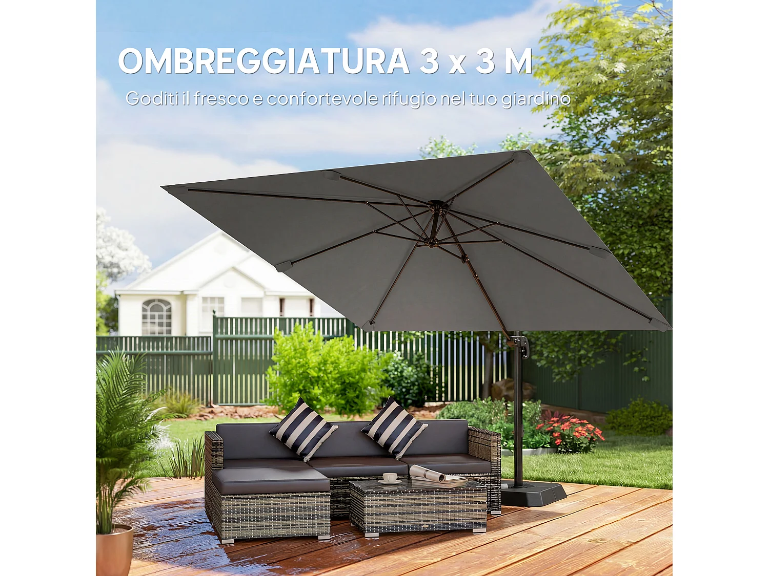 Ombrellone decentrato da giardino 3x3m inclinabile in alluminio grigio