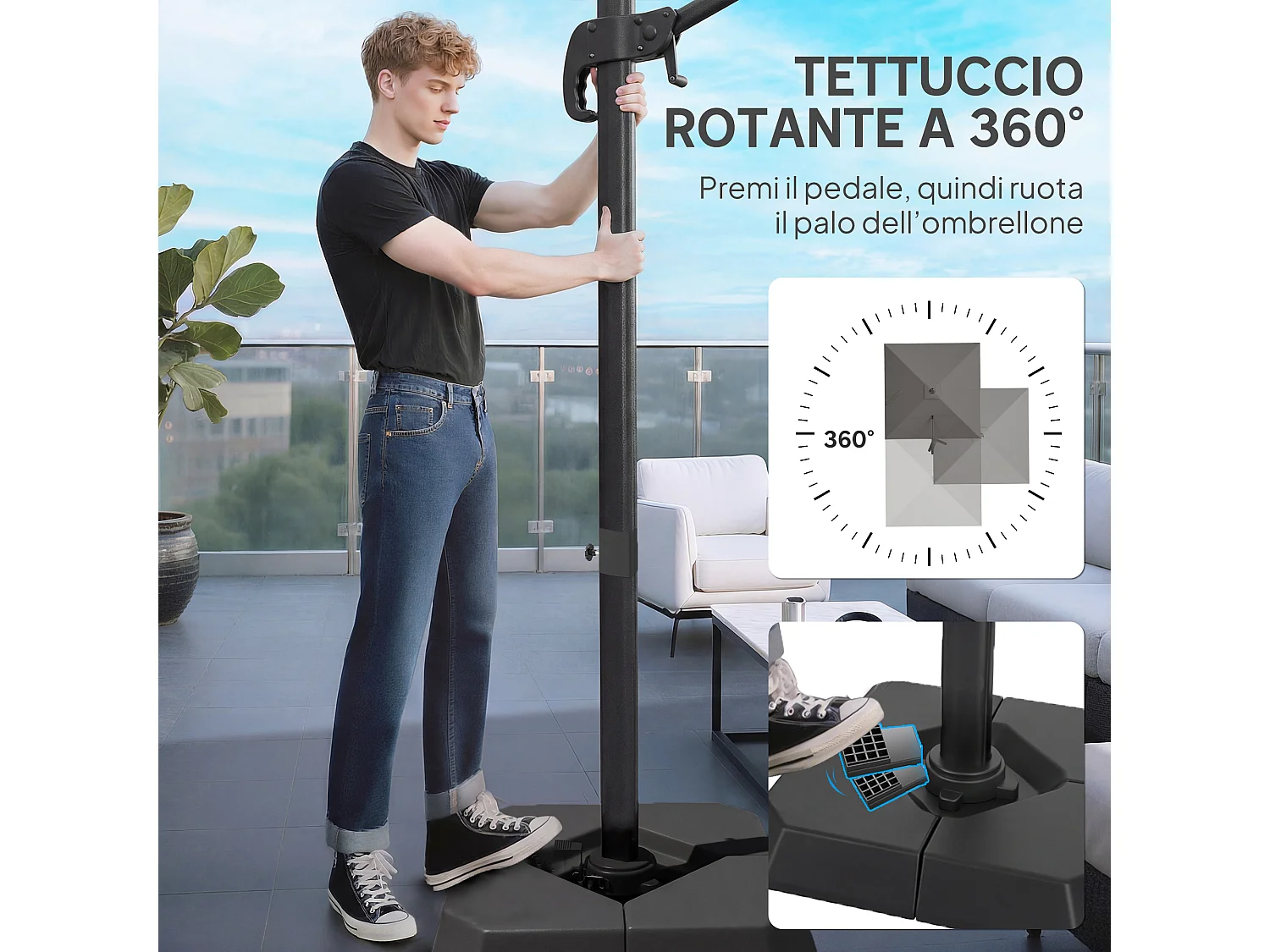 Ombrellone decentrato da giardino 3x3m inclinabile in alluminio grigio