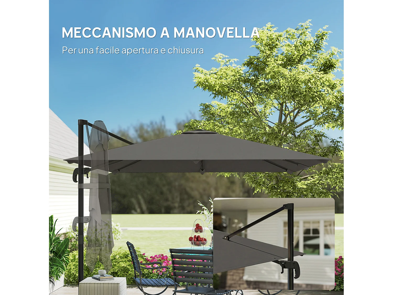 Ombrellone decentrato da giardino 3x3m inclinabile in alluminio grigio