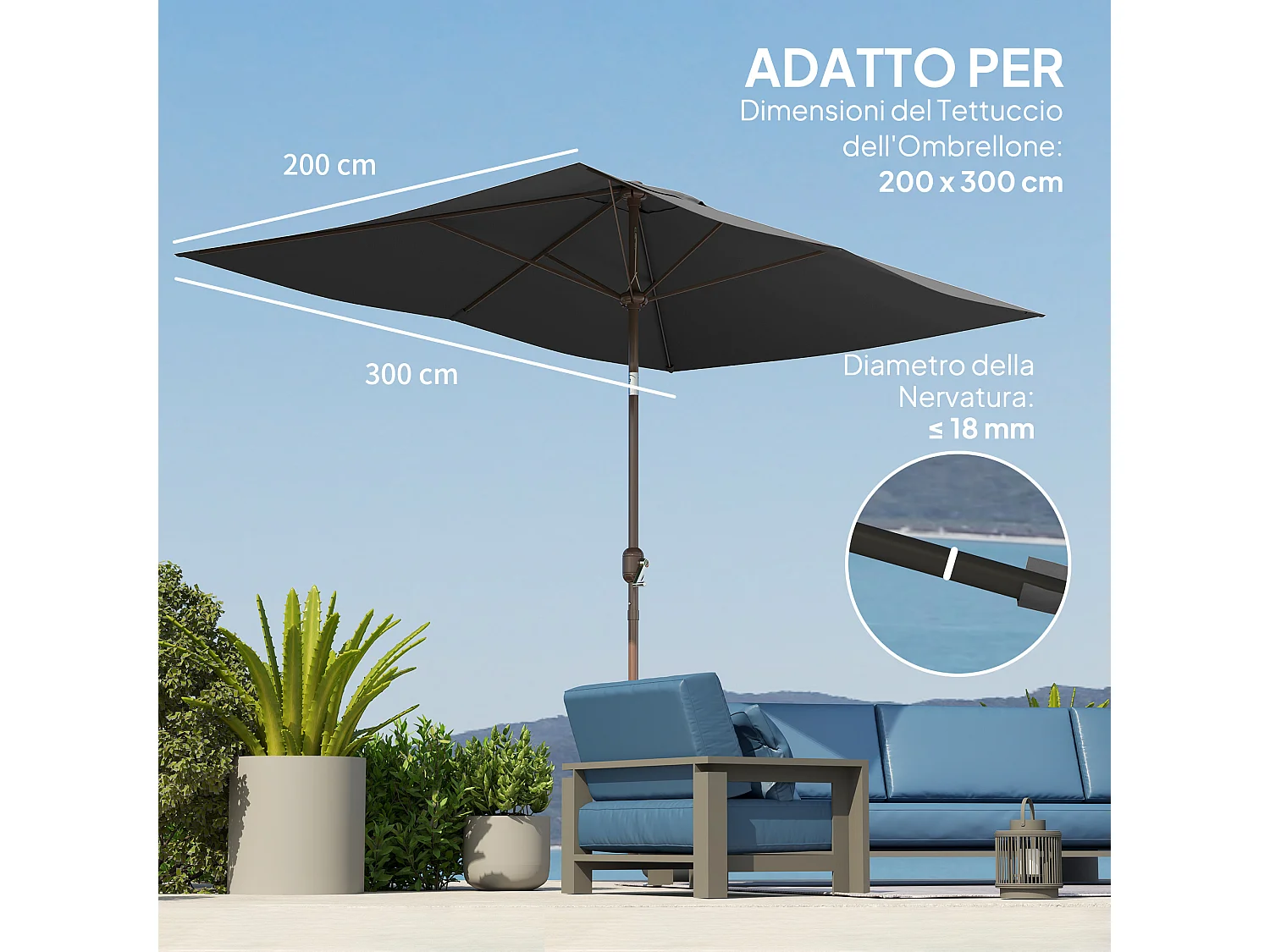 Telo di ricambio per ombrellone 3x2 m e 6 stecche grigio