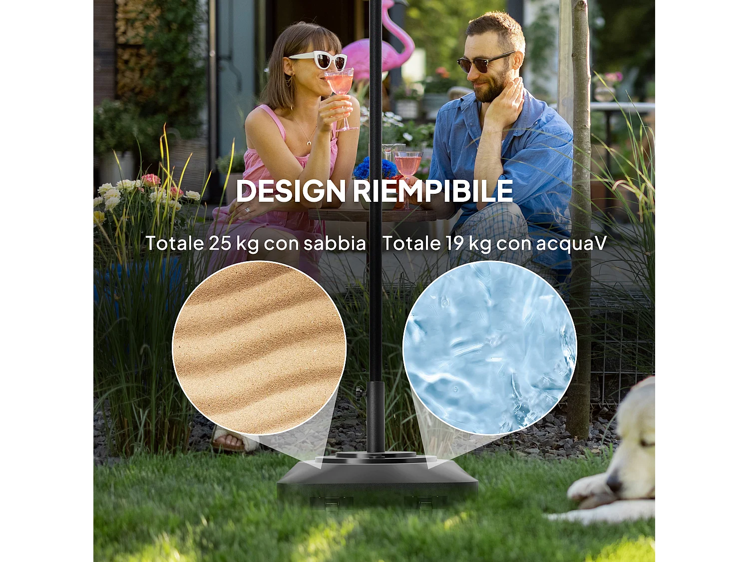 Base per ombrellone a rotelle e riempibile in hdpe nero 48x48x32.5 cm