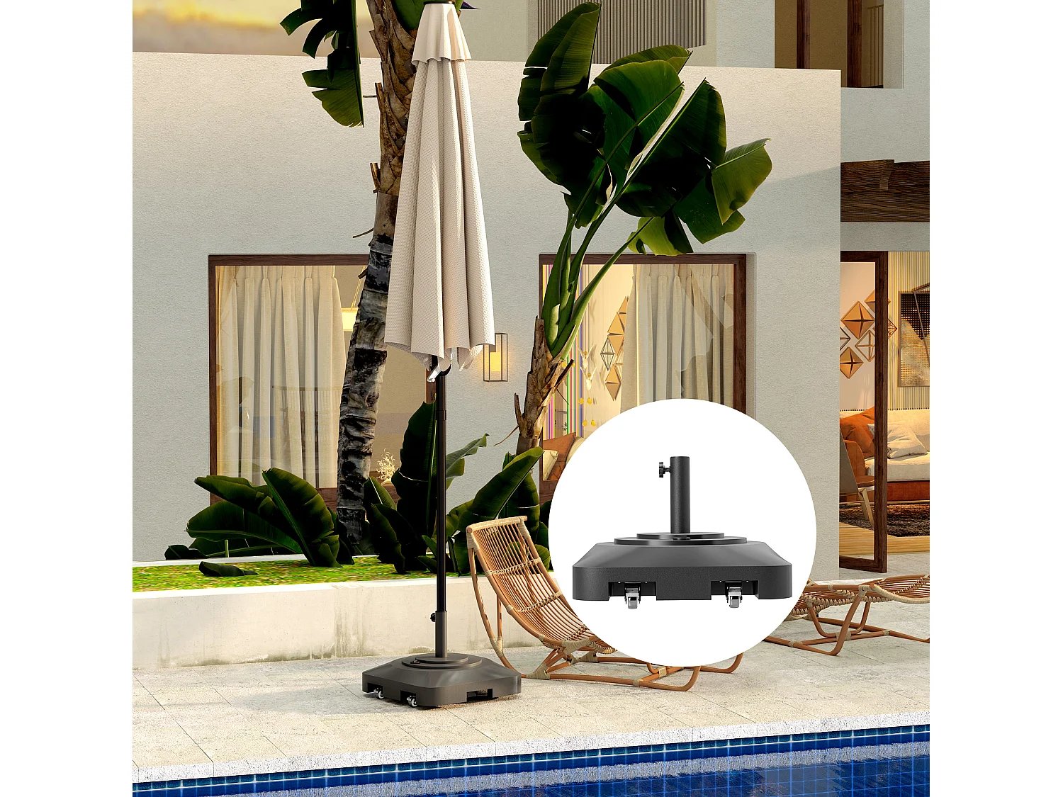 Base per ombrellone a rotelle e riempibile in hdpe nero 48x48x32.5 cm