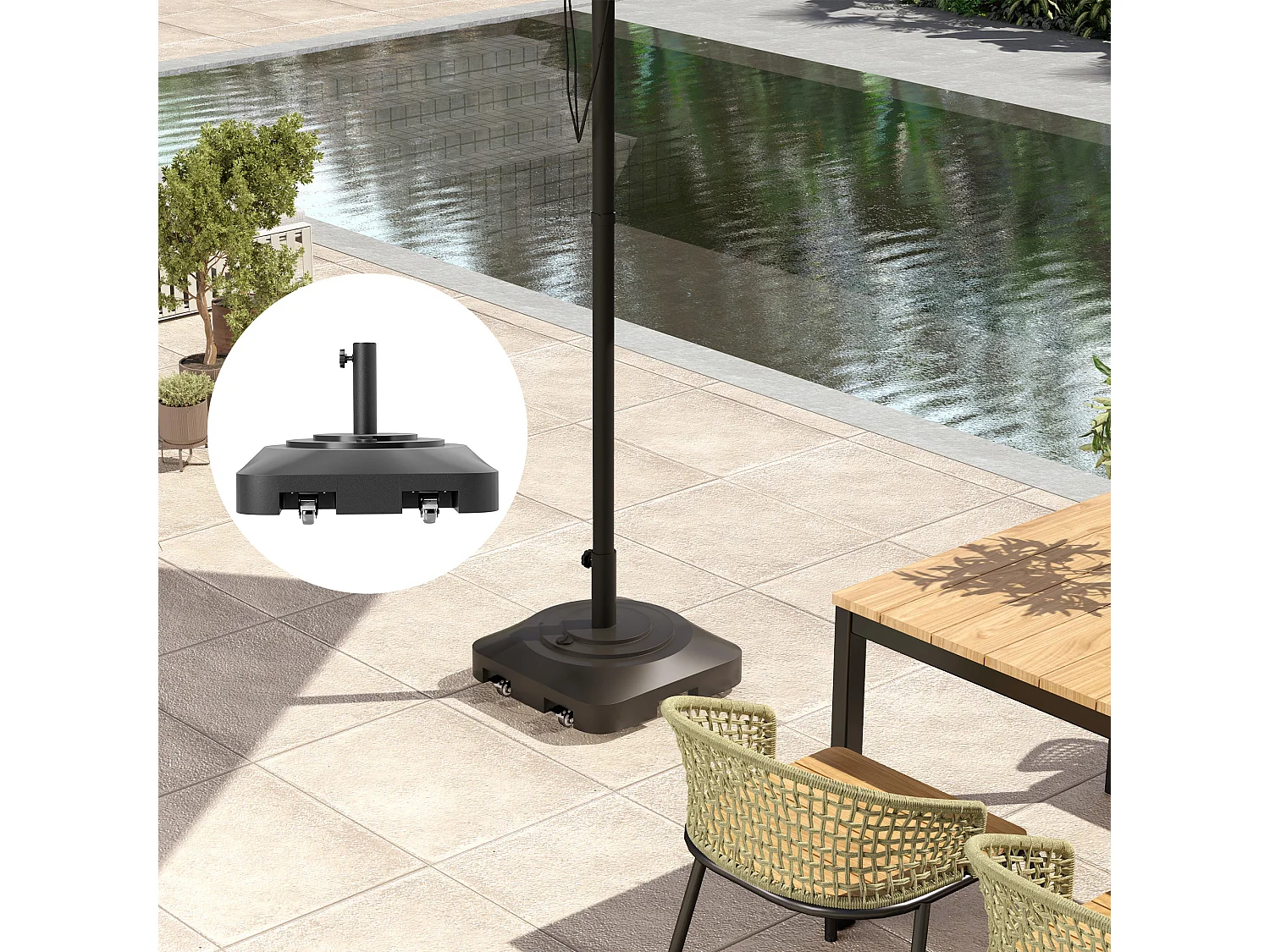 Base per ombrellone a rotelle e riempibile in hdpe nero 48x48x32.5 cm