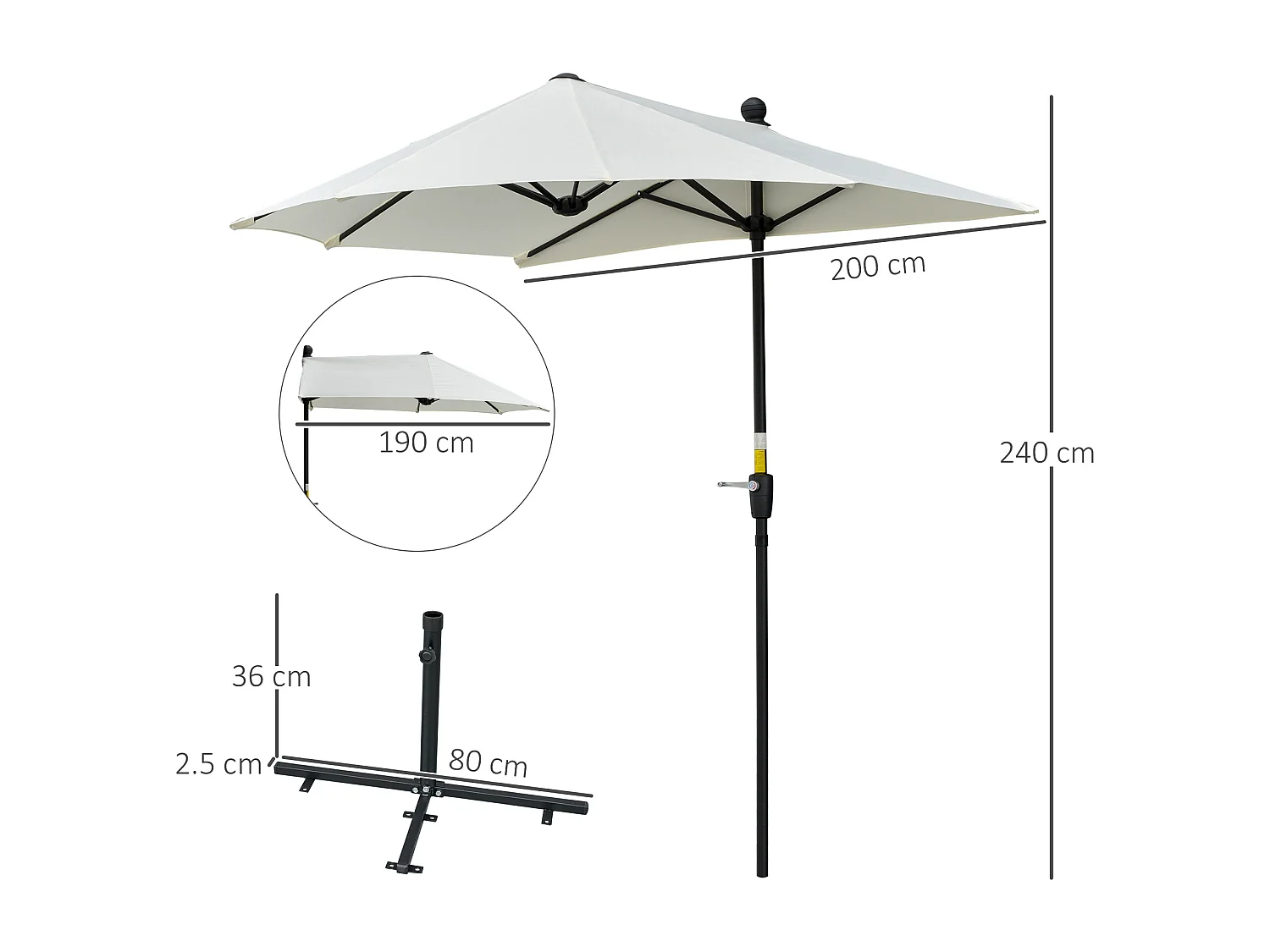 Ombrellone semicircolare con manovella e telo anti uv crema