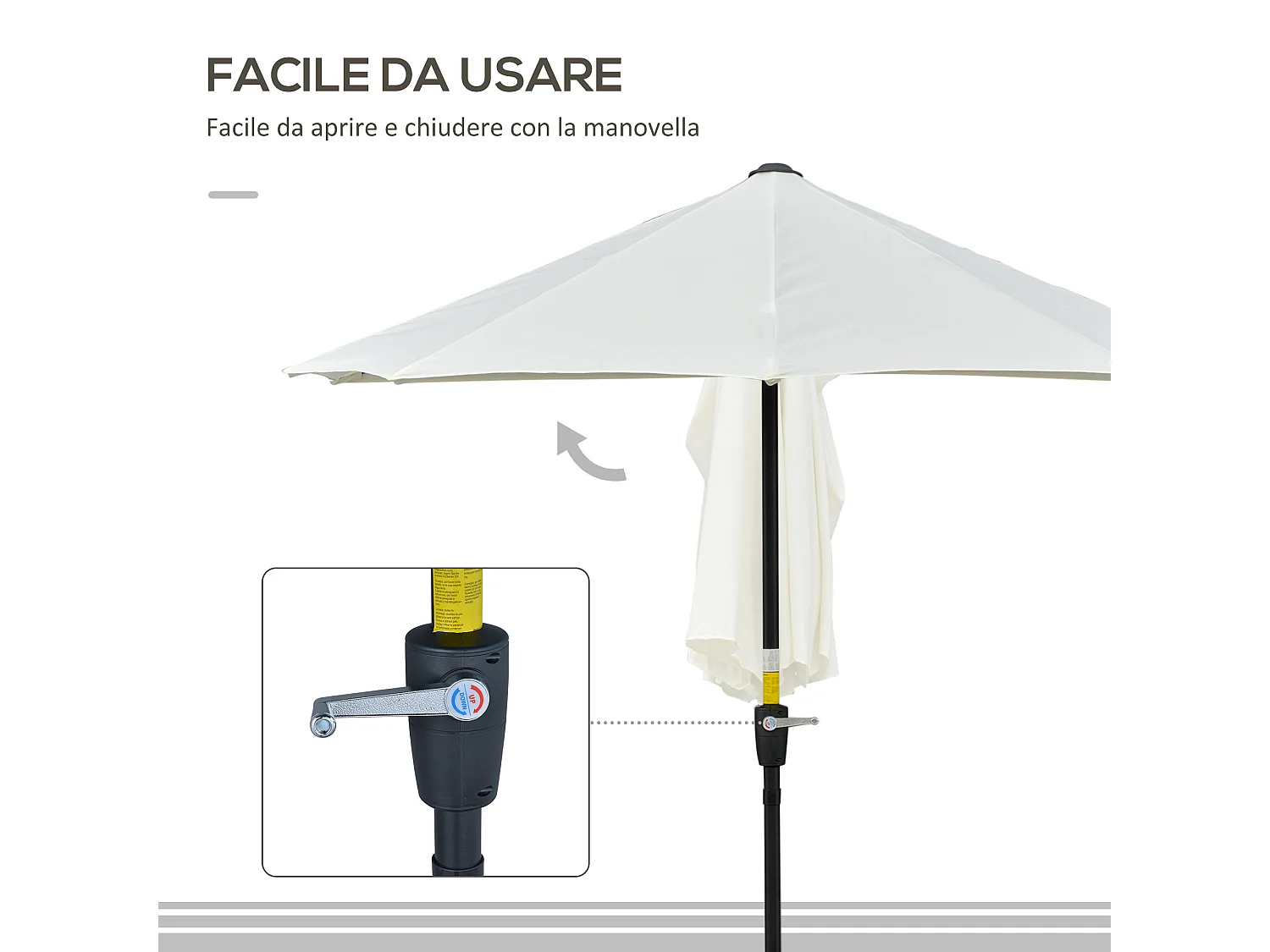 Ombrellone semicircolare con manovella e telo anti uv crema