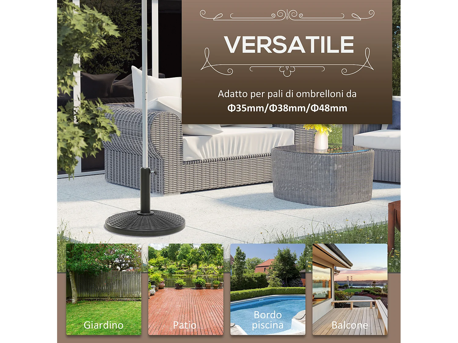 Base per ombrellone rotonda da 12.5kg effetto rattan in hdpe nero