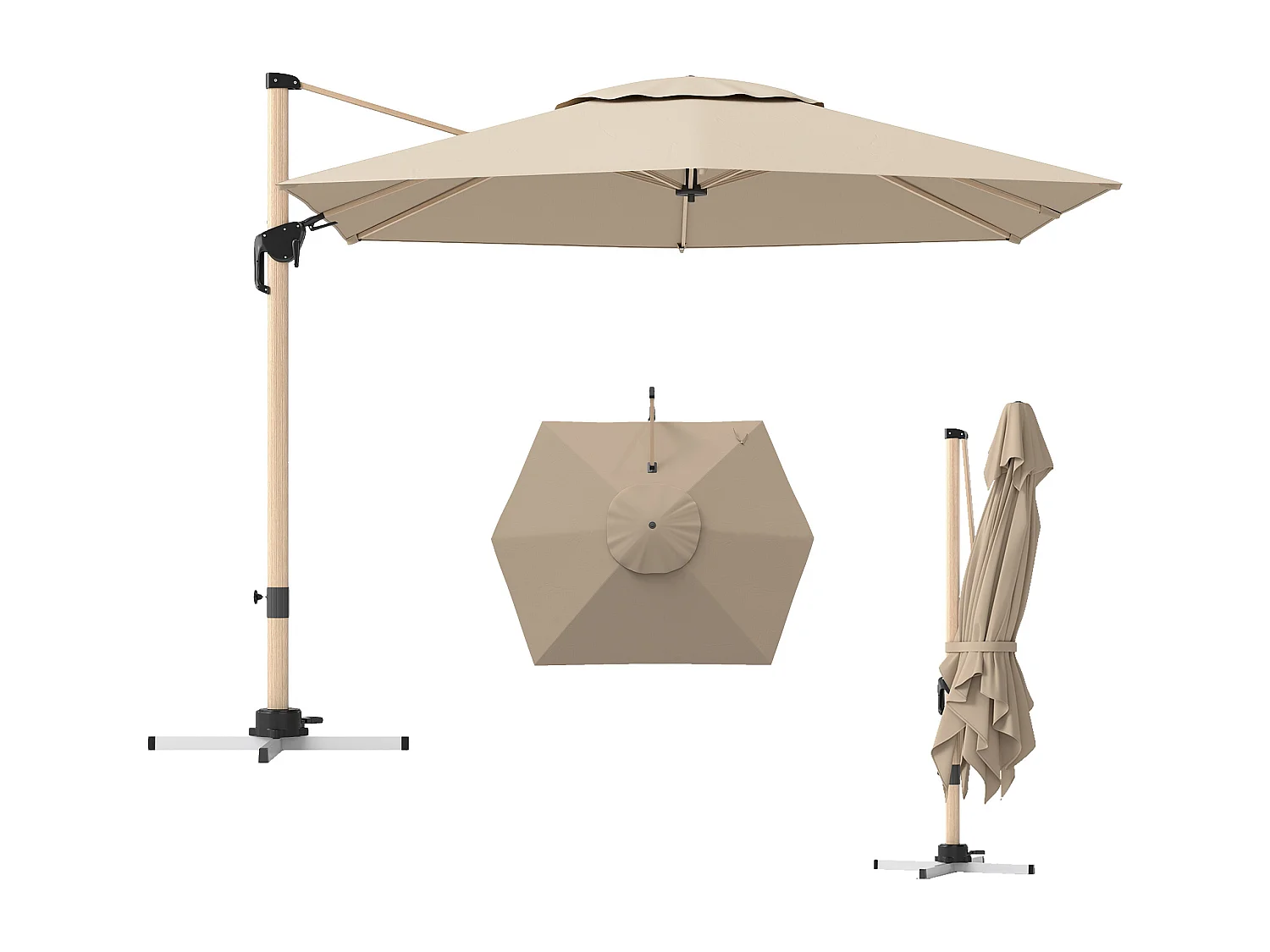 Ombrellone da giardino a sbalzo inclinabile con base a croce kaki