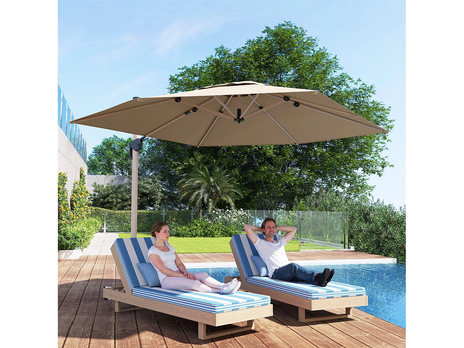 Ombrellone da giardino a sbalzo inclinabile con base a croce kaki