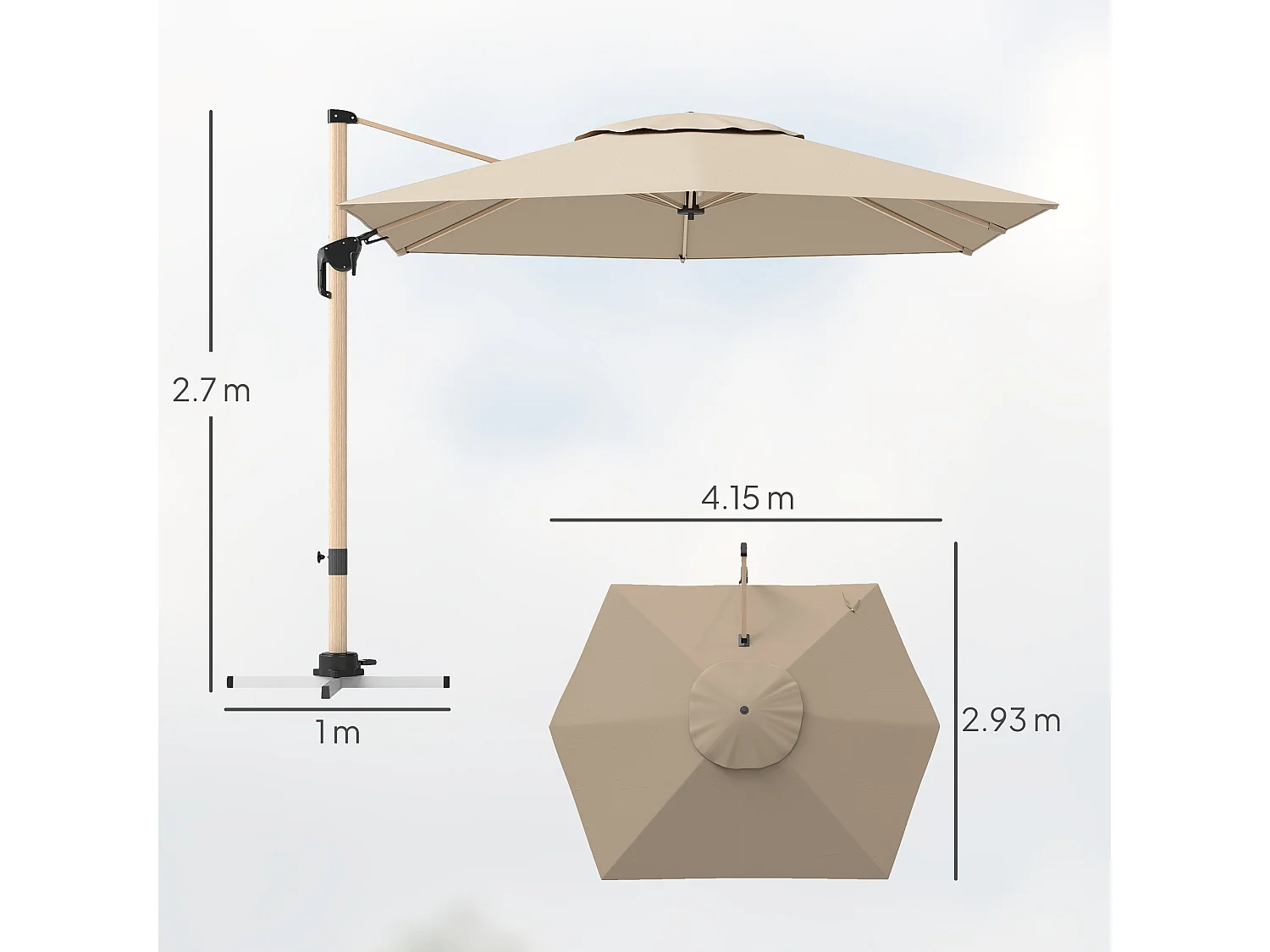 Ombrellone da giardino a sbalzo inclinabile con base a croce kaki