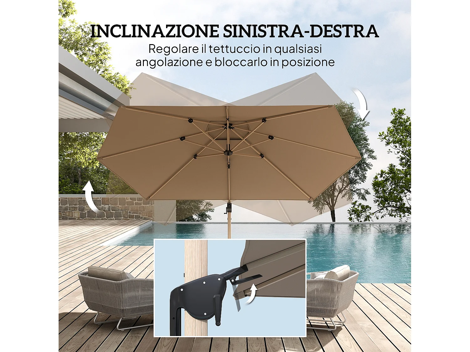 Ombrellone da giardino a sbalzo inclinabile con base a croce kaki