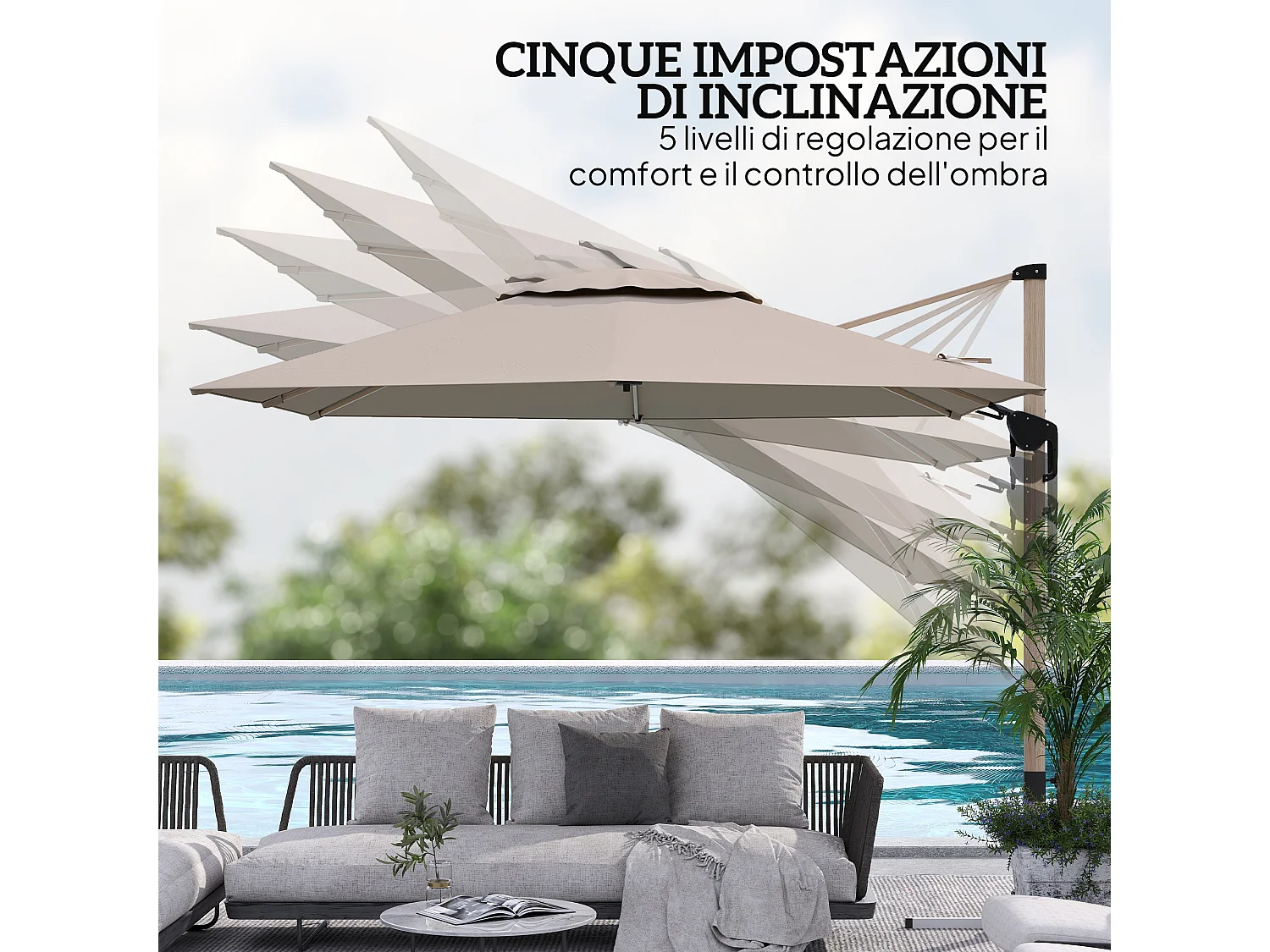 Ombrellone da giardino a sbalzo inclinabile con base a croce kaki