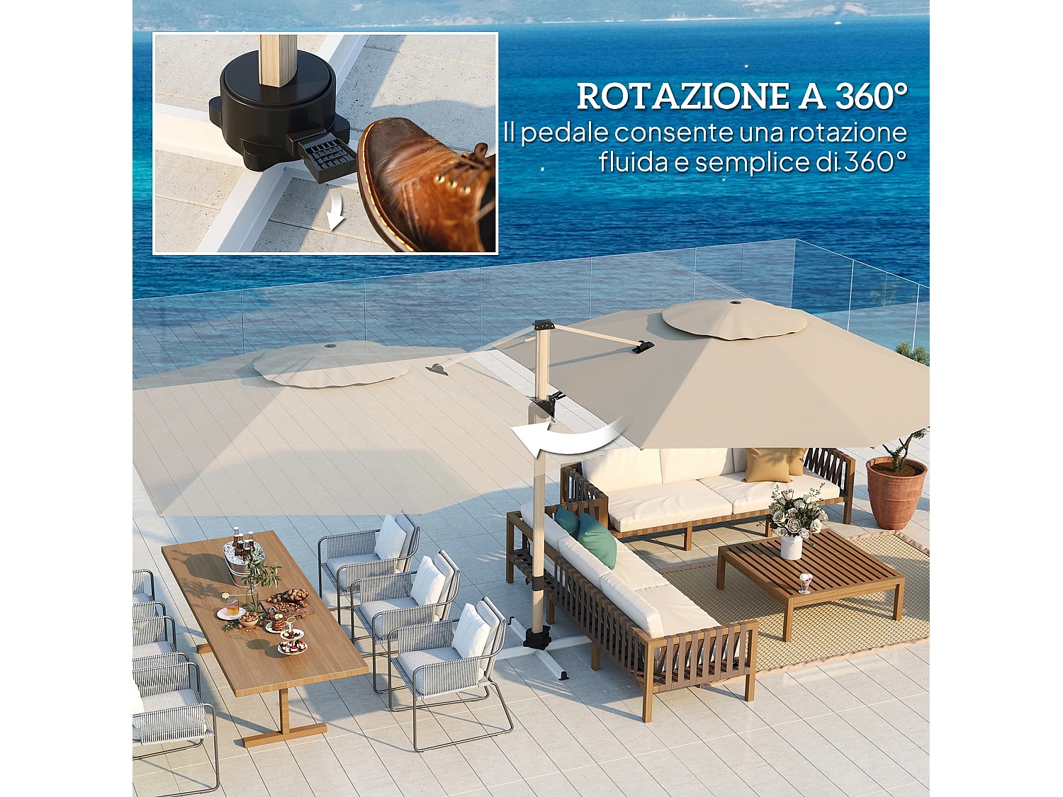 Ombrellone da giardino a sbalzo inclinabile con base a croce kaki