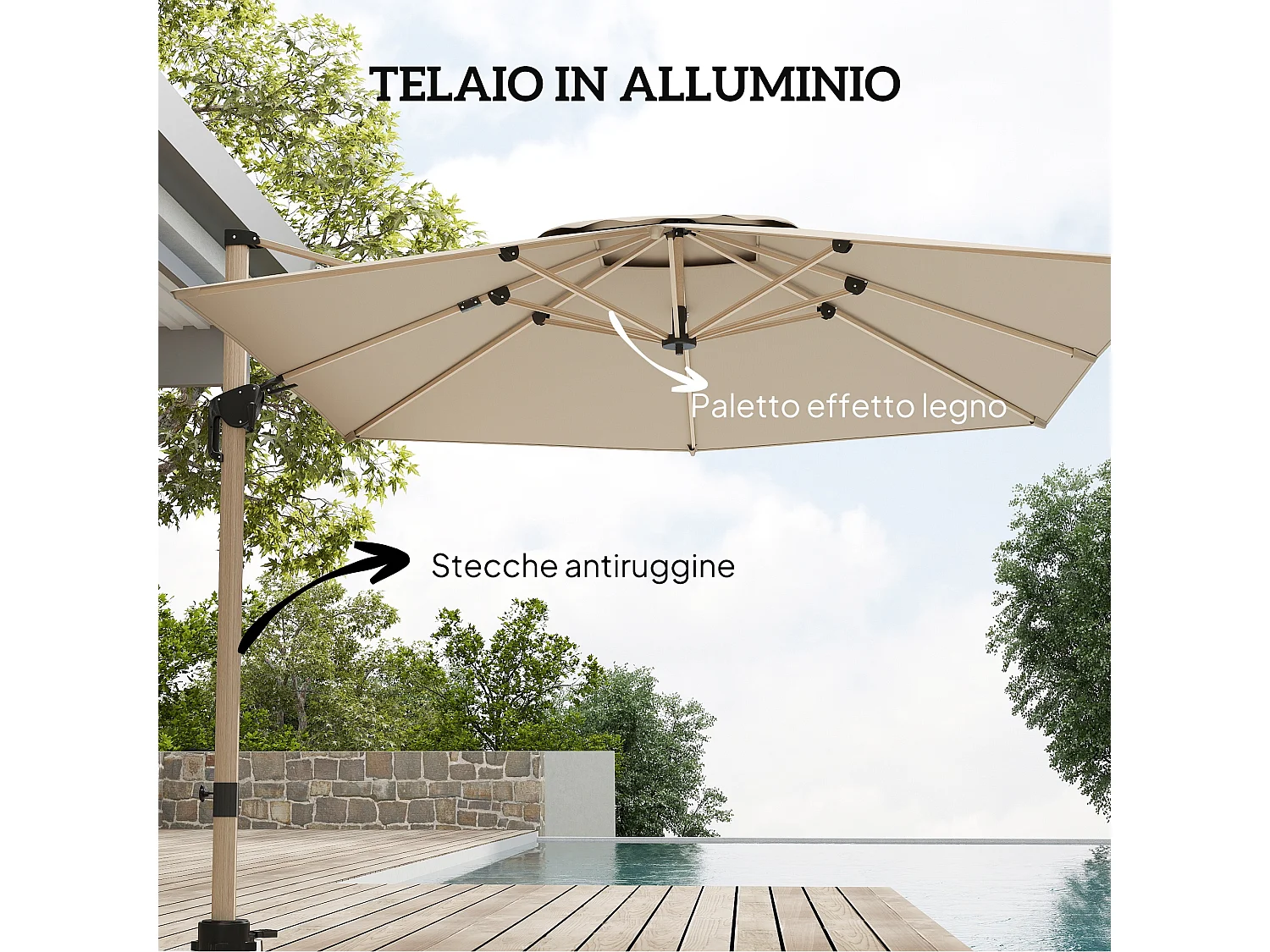 Ombrellone da giardino a sbalzo inclinabile con base a croce kaki