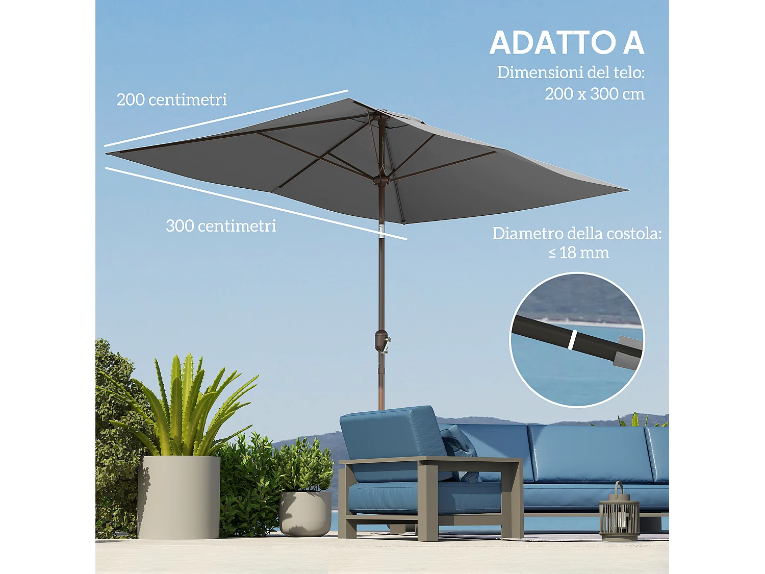 Telo di ricambio per ombrellone rettangolare 3x2m in poliestere grigio