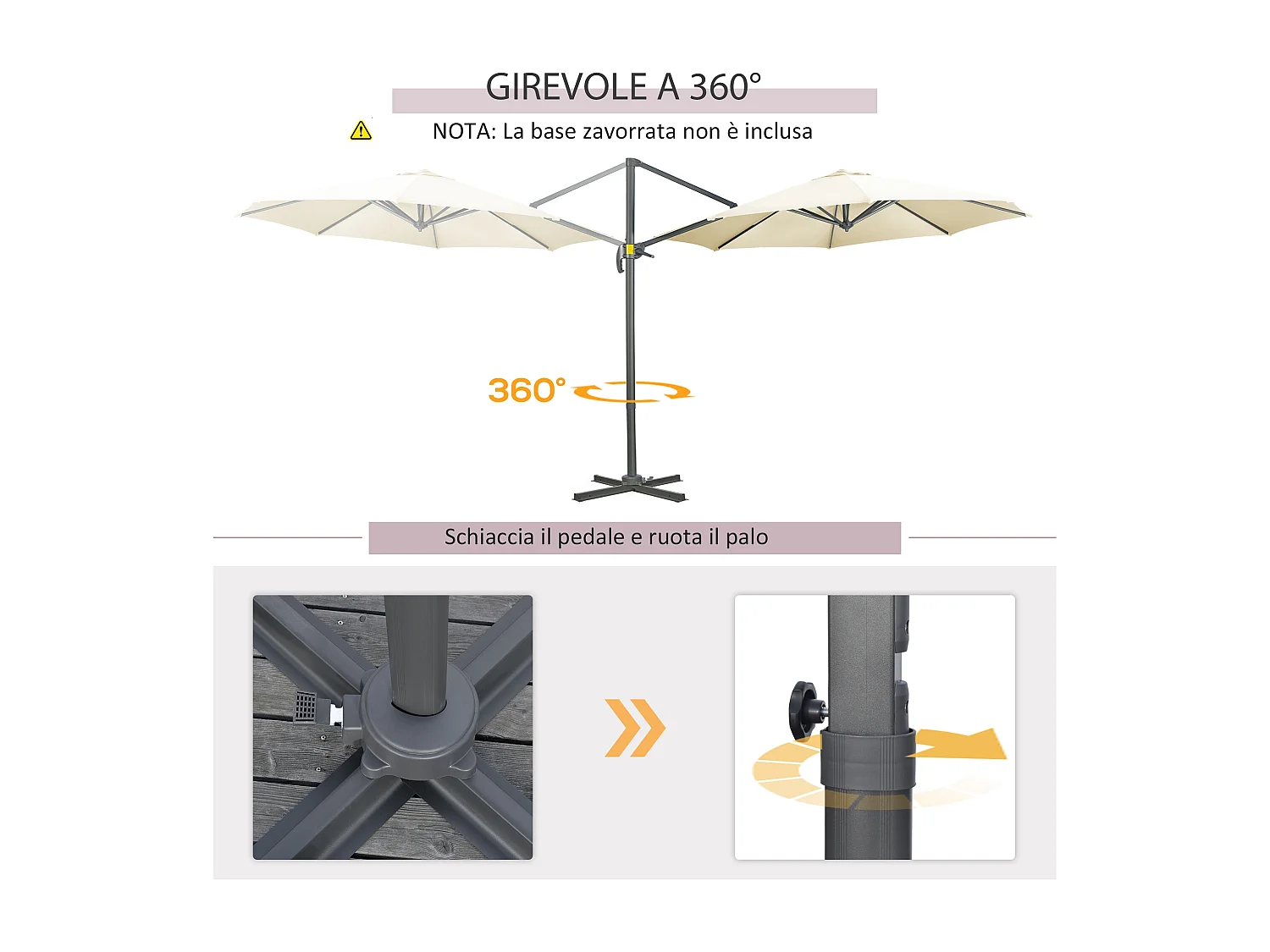 Ombrellone da giardino decentrato girevole inclinabile crema