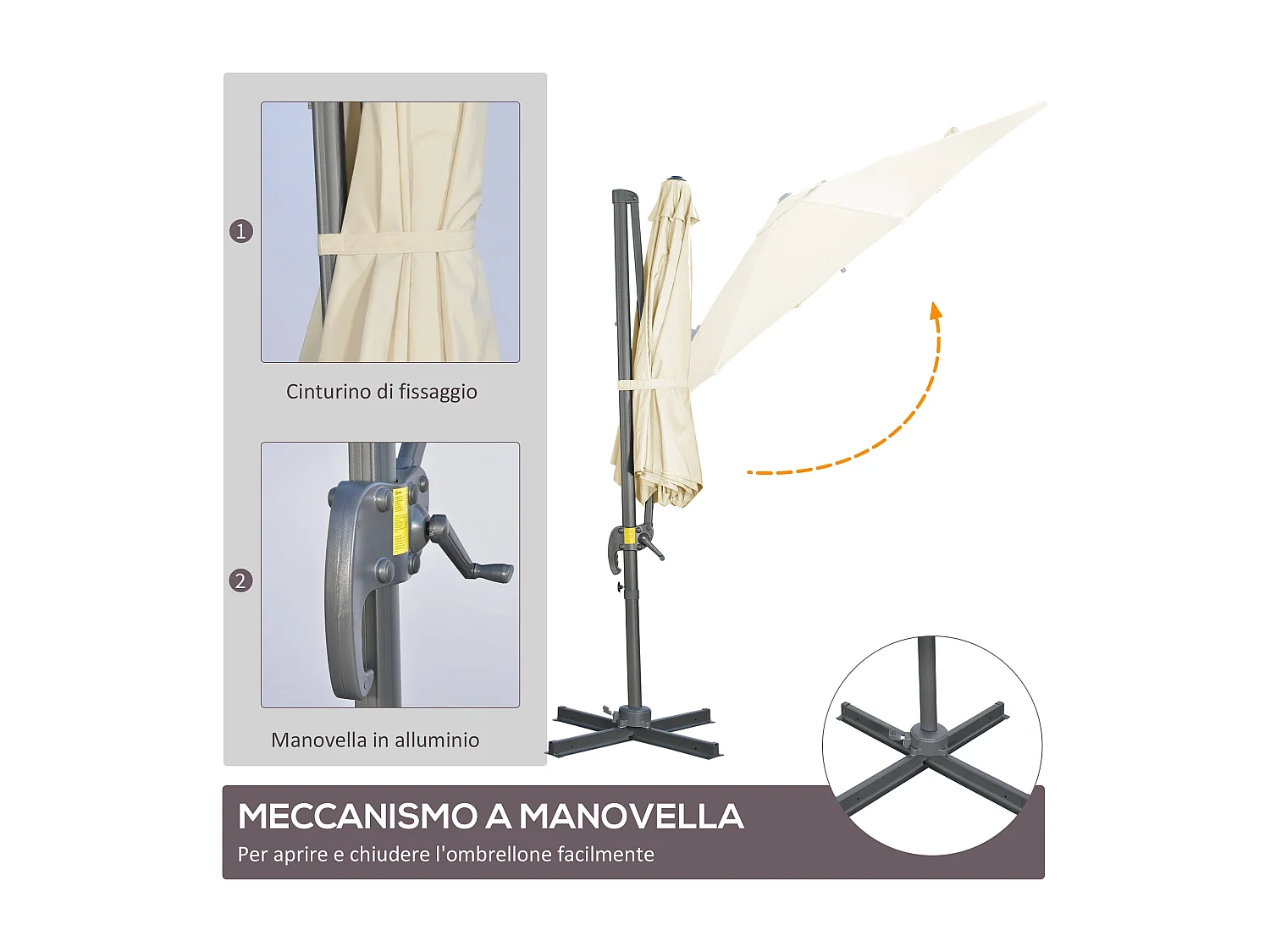 Ombrellone da giardino decentrato girevole inclinabile crema