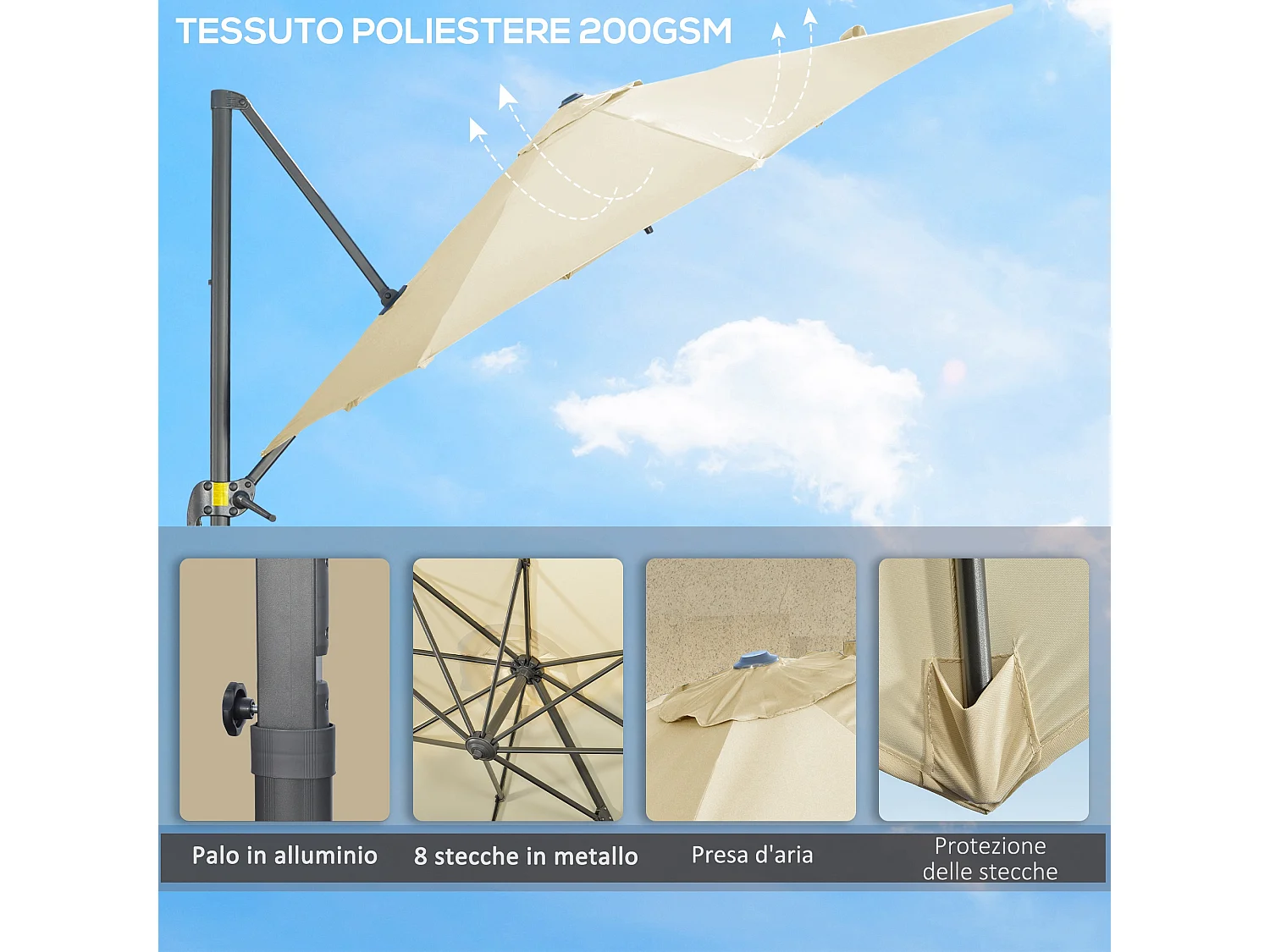 Ombrellone da giardino decentrato girevole inclinabile crema