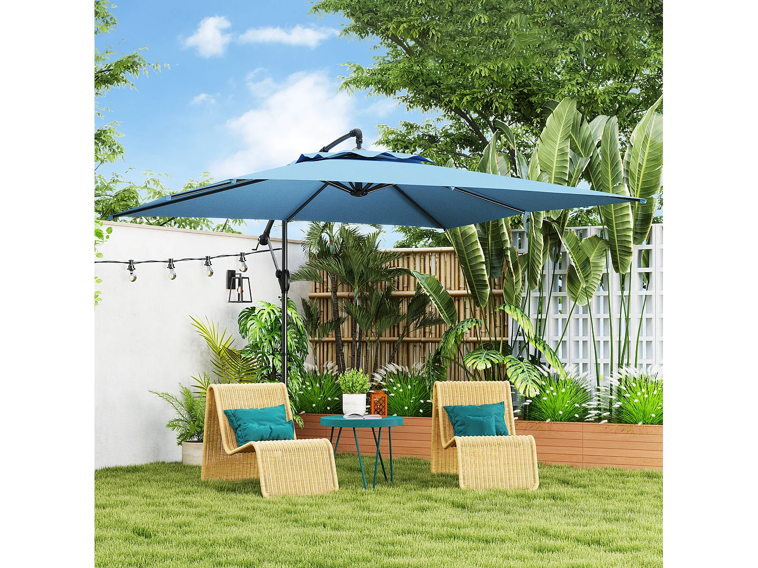 Ombrellone decentrato regolabile a 360 gradi in metallo blu chiaro