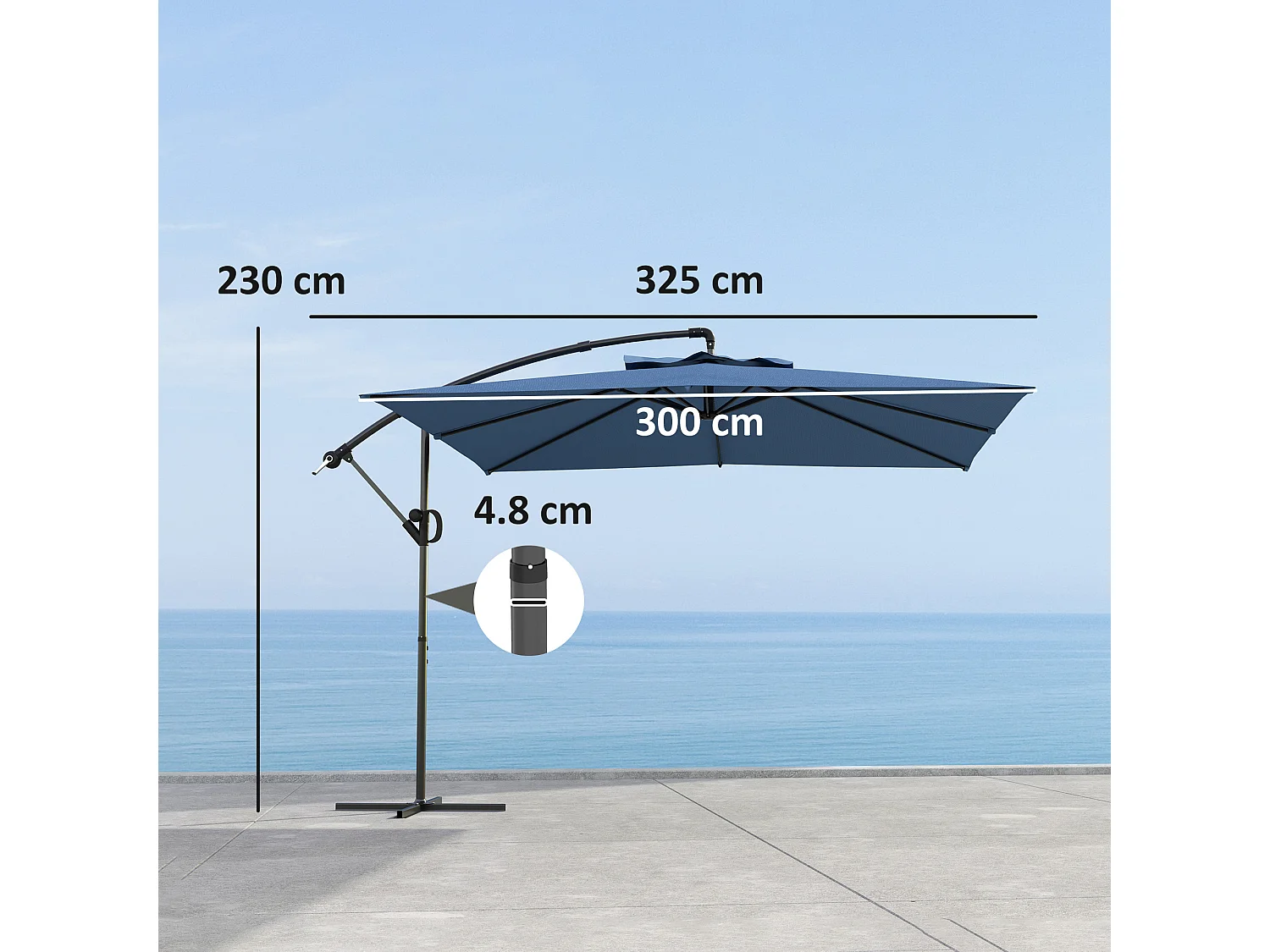 Ombrellone decentrato regolabile a 360 gradi in metallo blu chiaro