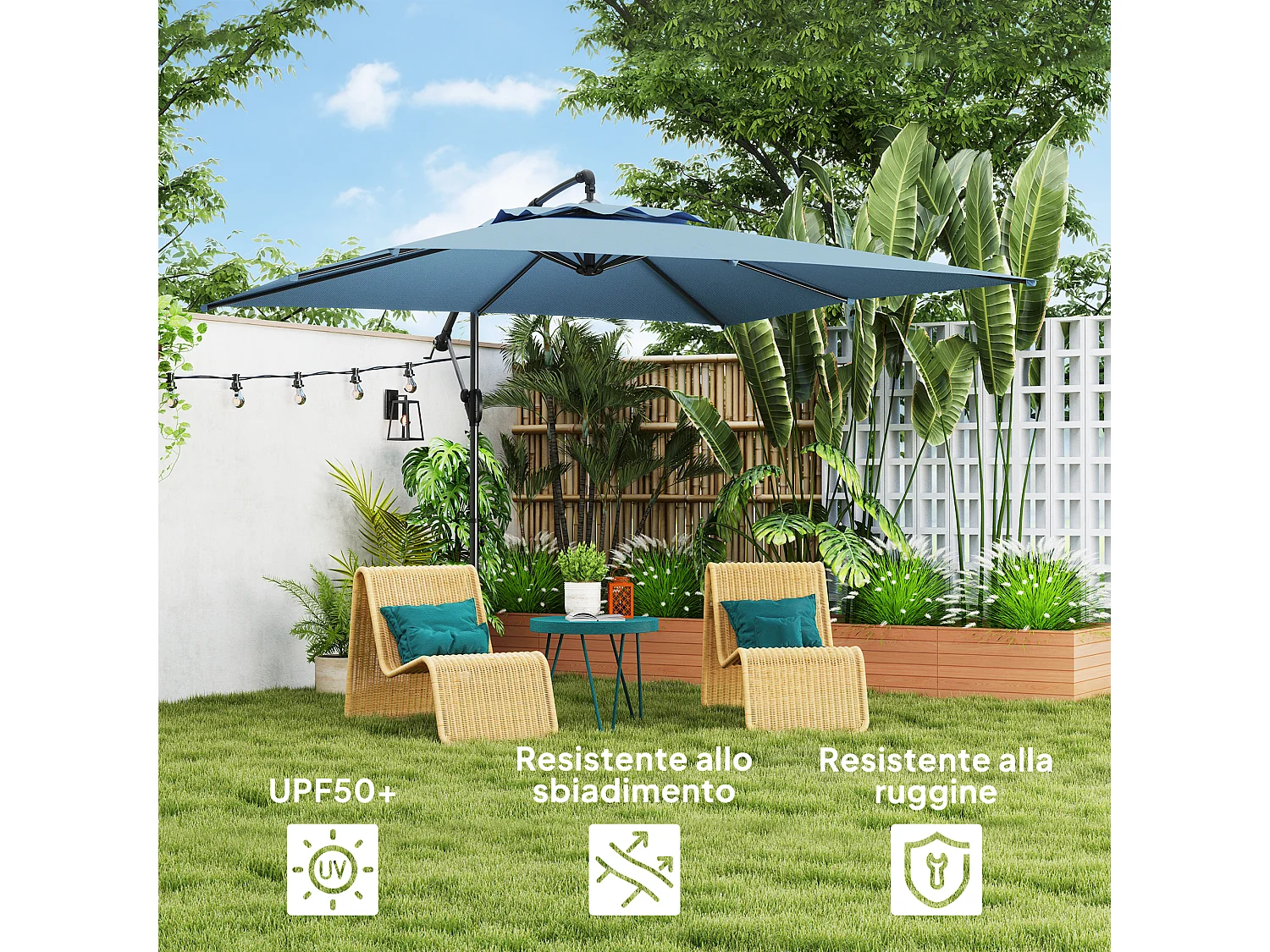 Ombrellone decentrato regolabile a 360 gradi in metallo blu chiaro